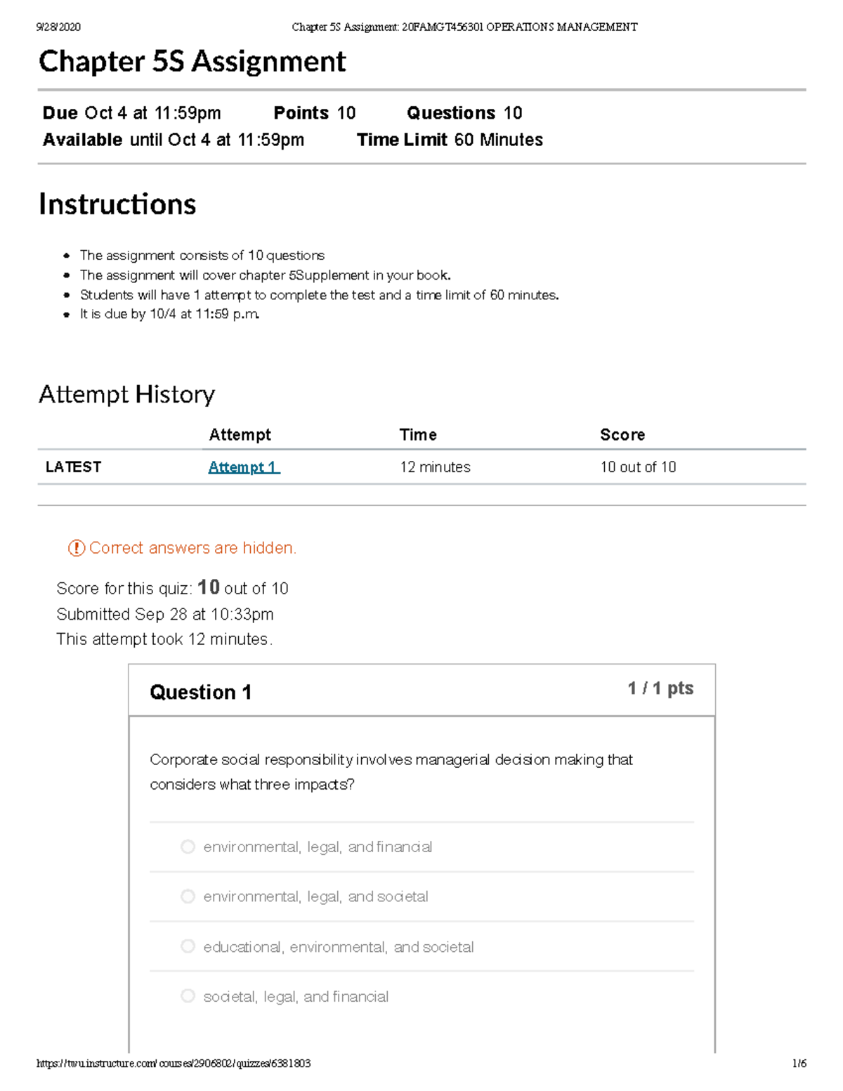 Operations management Quiz 5 - Chapter 5S Assignment Due Oct 4 at 11 ...