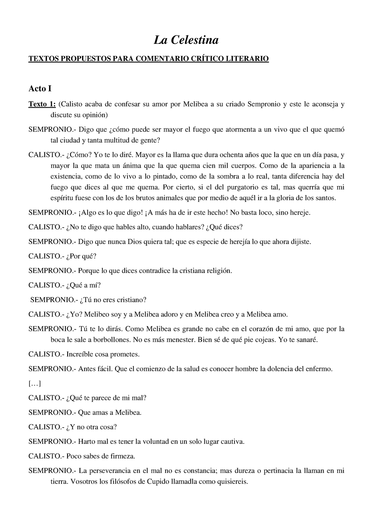 La Celestina Fragmentos Comentario - La Celestina TEXTOS PROPUESTOS ...