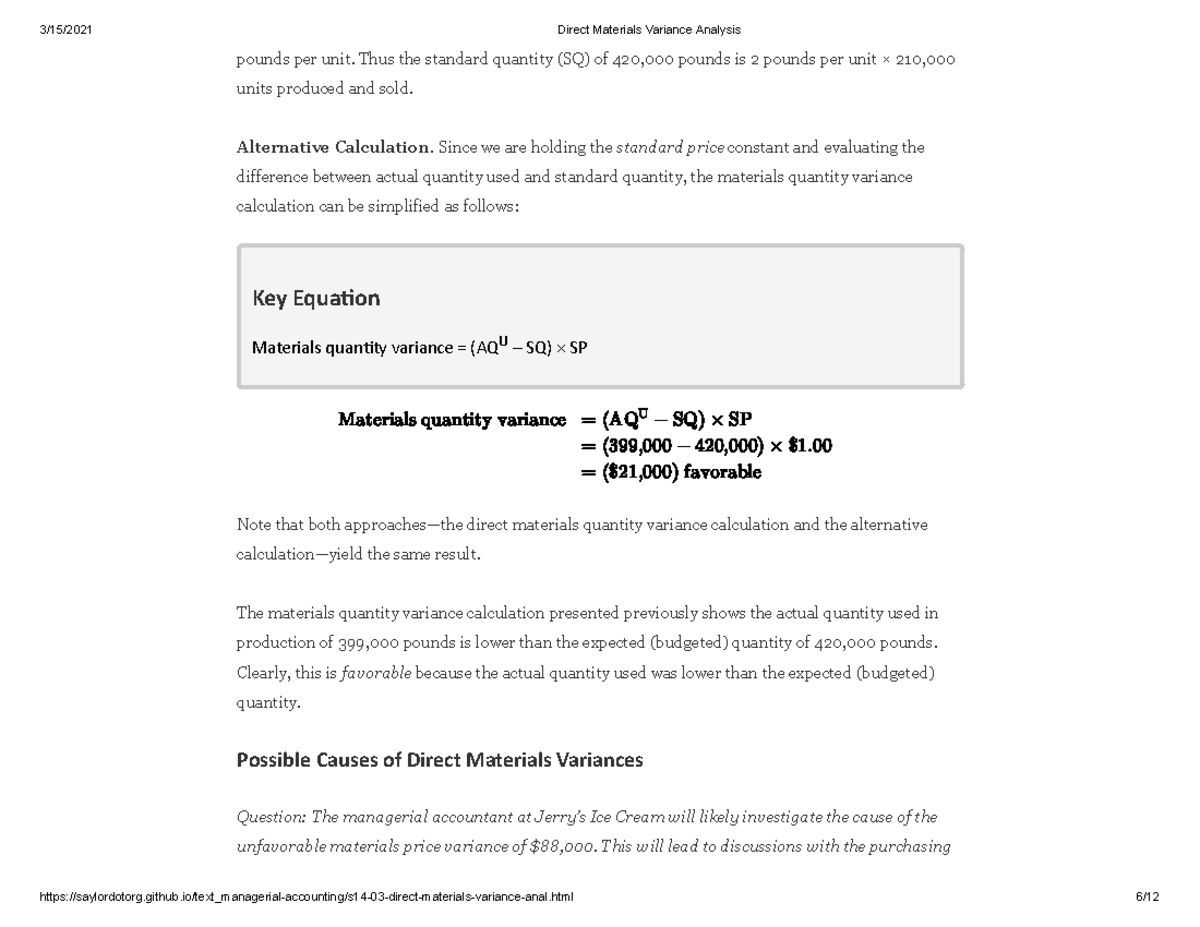 Direct Materials Variance Analysis 3/15/2021 Direct Materials