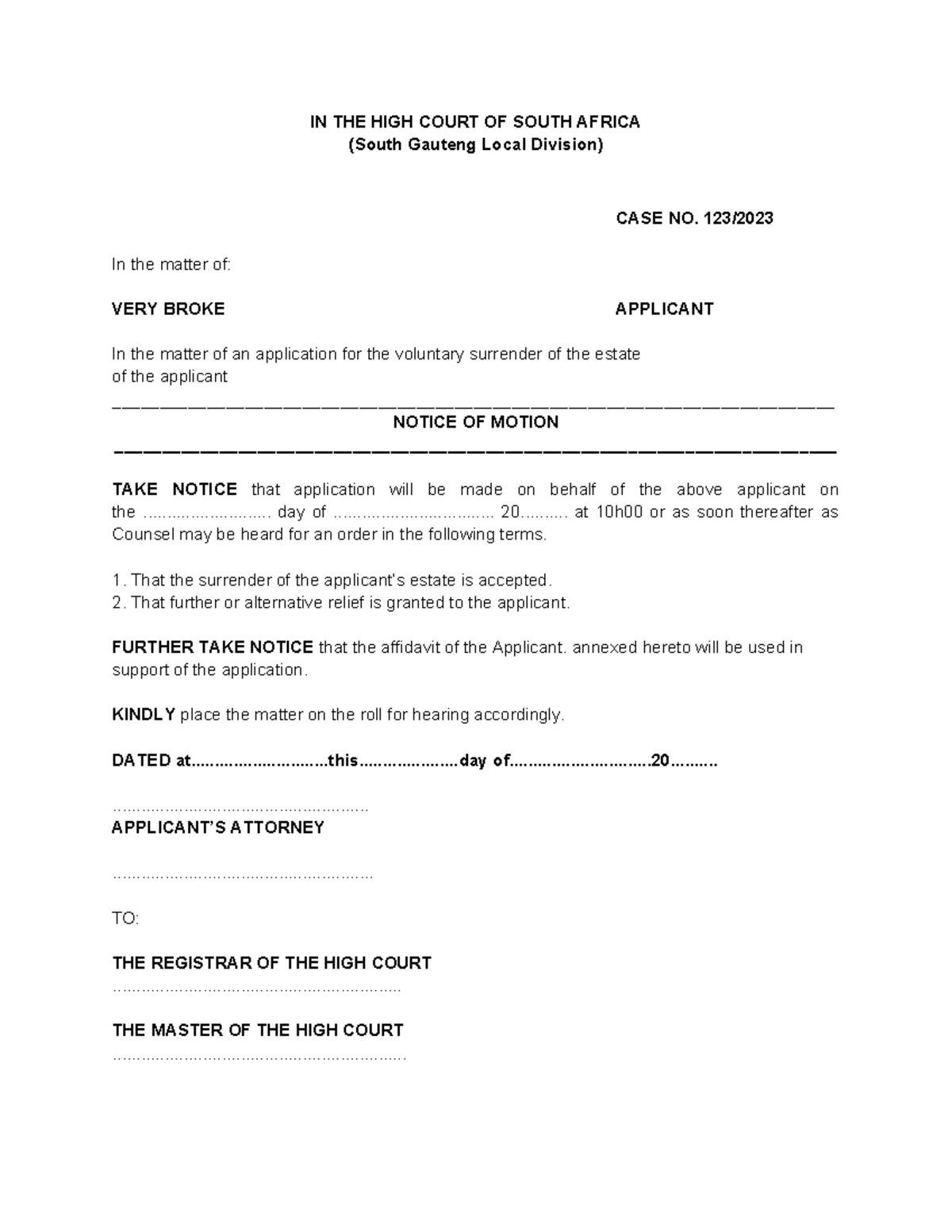 Voluntary Surrender Application Template - IN THE HIGH COURT OF SOUTH ...