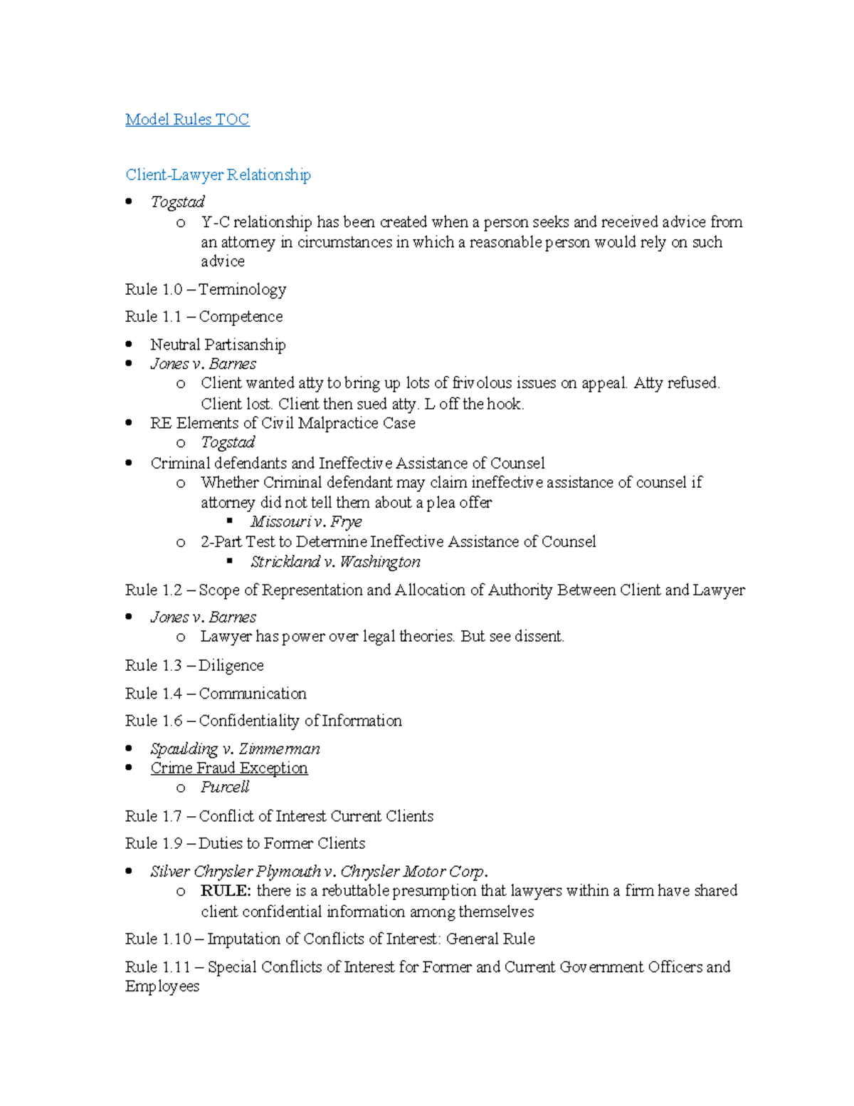 Rules Cheat Sheet Model Rules TOC ClientLawyer Relationship Togstad