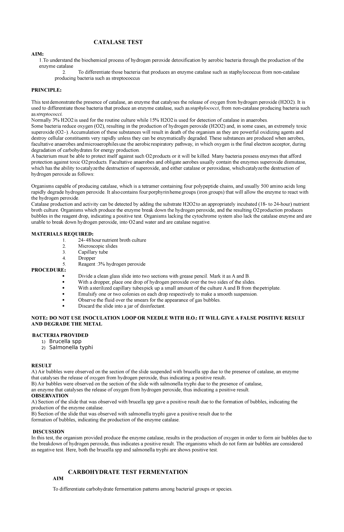 CATA - CATALASE TEST, PRINCIPLE,RESULT ,CARBOHYDRATE TEST FERMENTATION ...