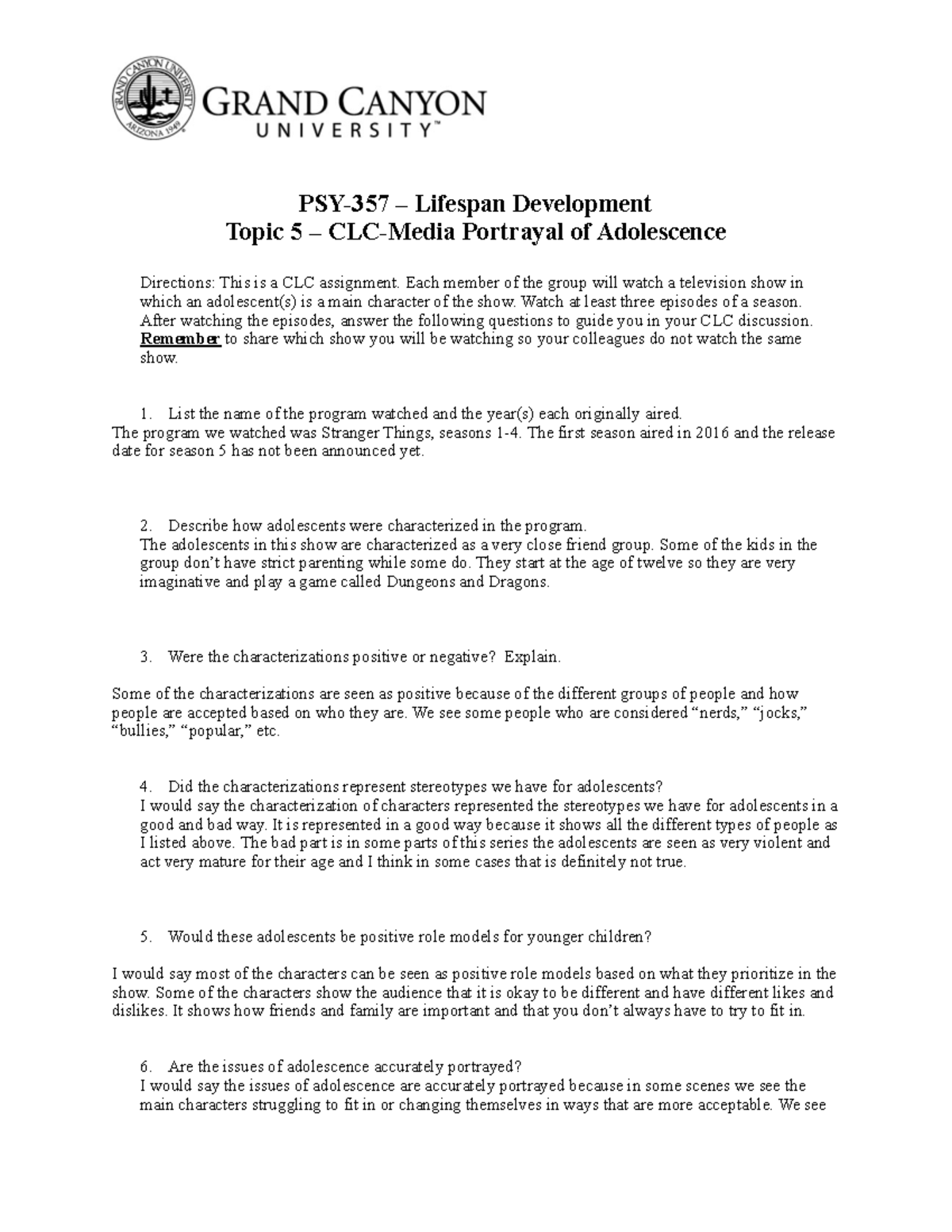 PSY 357 RS CLC Media Portrayalof Adolescence - PSY-357 – Lifespan ...