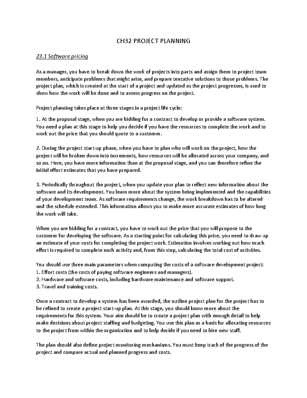 CP317 Ch23 Notes - CH32 PROJECT PLANNING 23 Software pricing As a ...