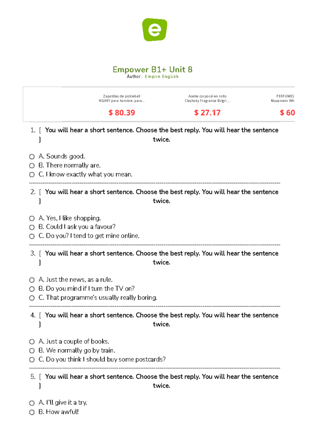 Imprimir Test Empower B1+ Unit 8 (empower - exam) - Empower B1+ Unit 8 ...