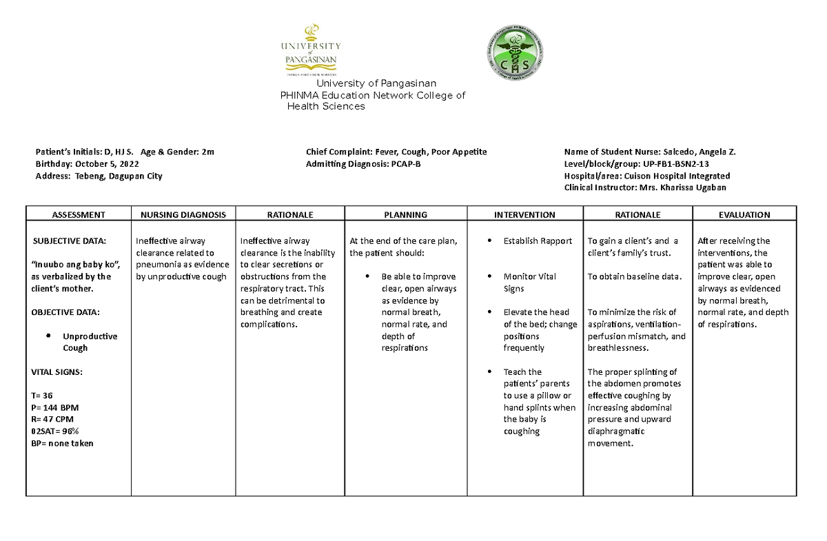 NCP CONTENTS EXAMPLE - University of Pangasinan PHINMA Education ...