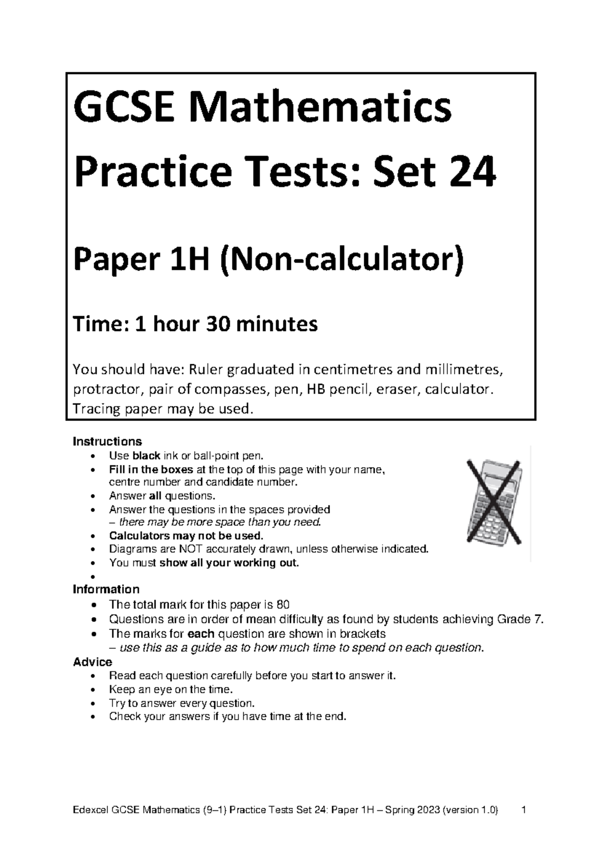 Practice tests Set 24 - 1H Paper - GCSE Mathematics Practice Tests: Set ...