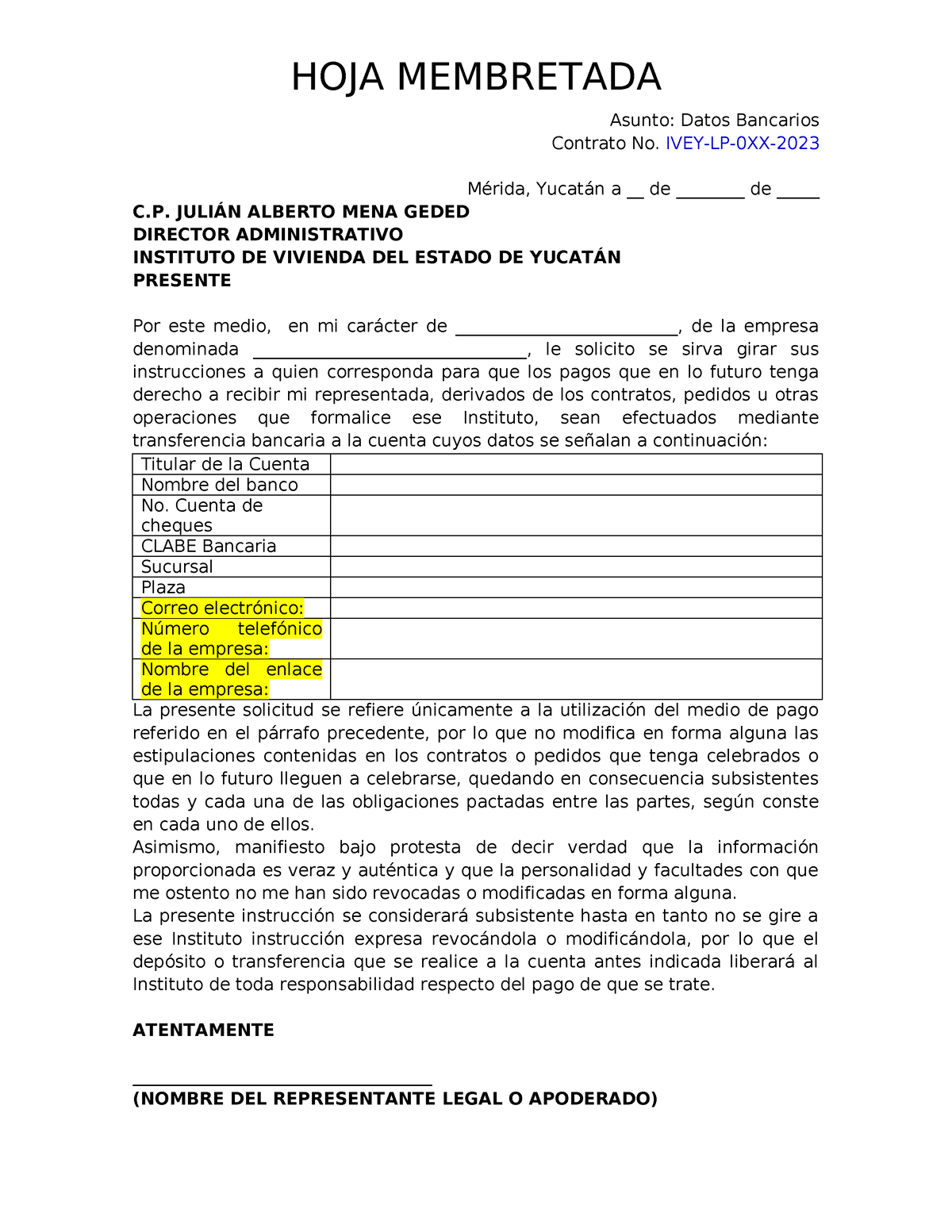 Carta De Datos Bancarios Hoja Membretada Asunto Datos Bancarios Contrato No Ivey Lp Xx