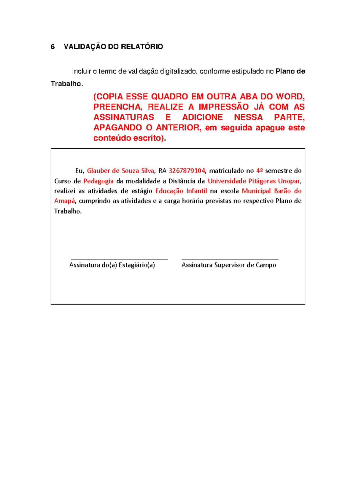 Validação DO Relatório - 6 VALIDAÇÃO DO RELATÓRIO Incluir o termo de ...
