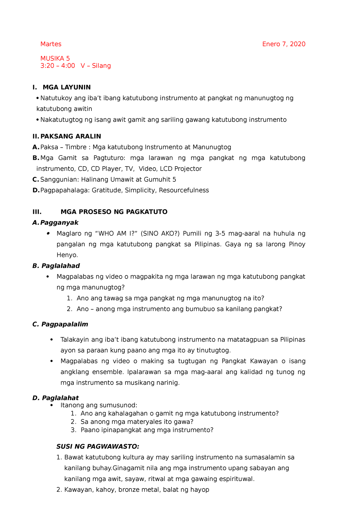 Y3 Aralin 11 Lesson Plan Martes Enero 7 2020 Musika 5 320 400 V Silang I Mga Layunin 6030