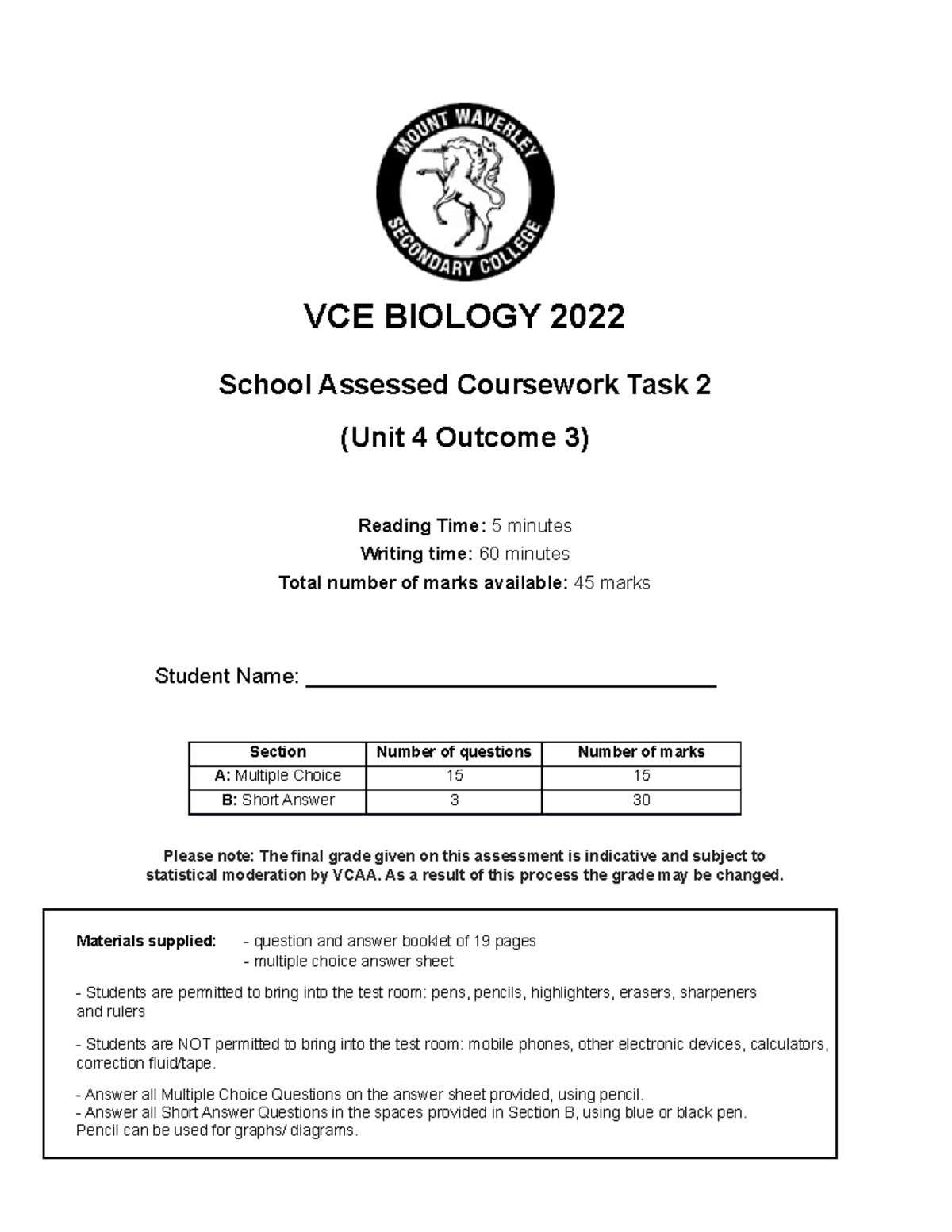 2022 Y12 SAC 2 Final nd short answer VCE BIOLOGY 2022 School