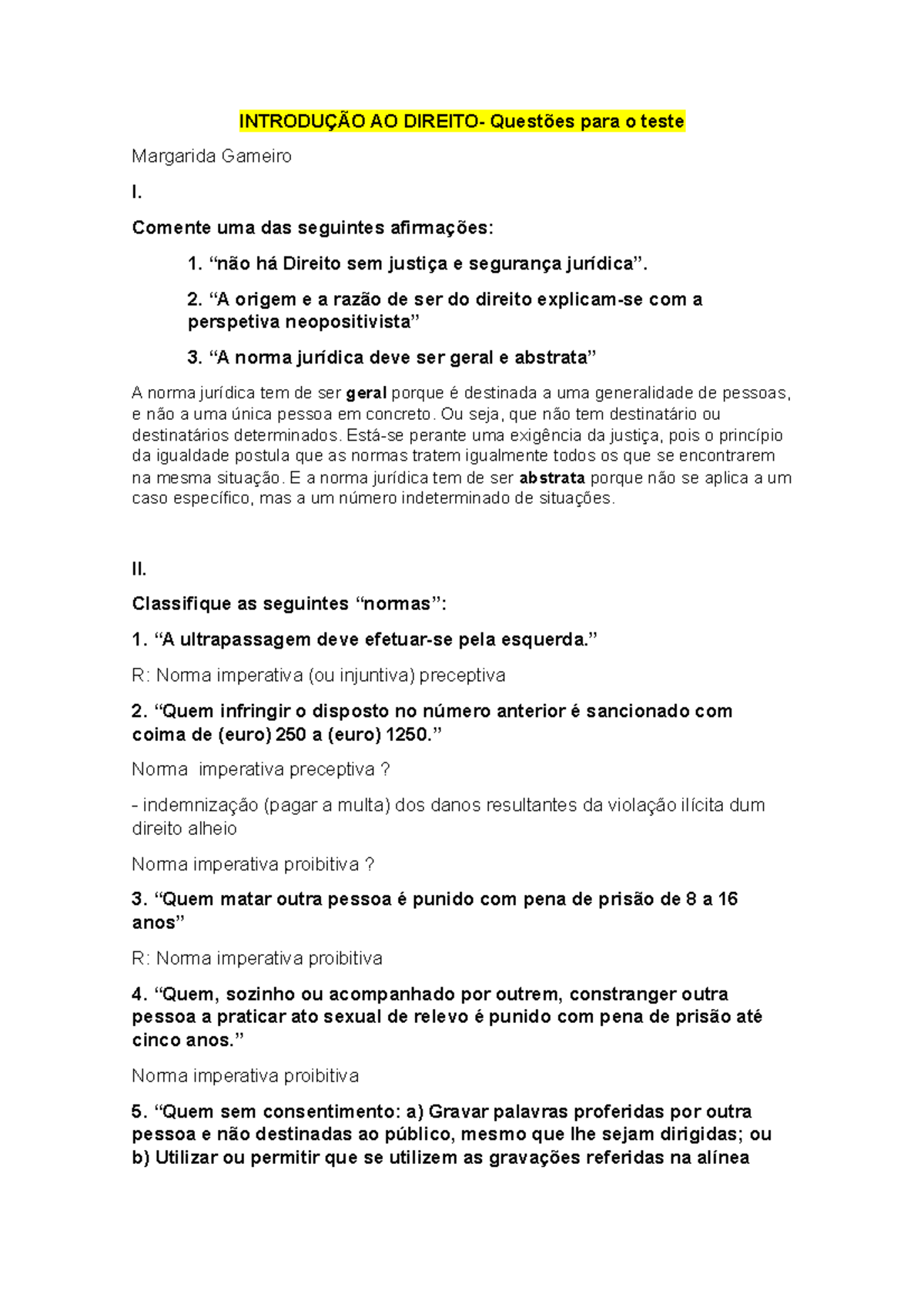Questoes teste IED - questions - INTRODUÇÃO AO DIREITO- Questões para o ...