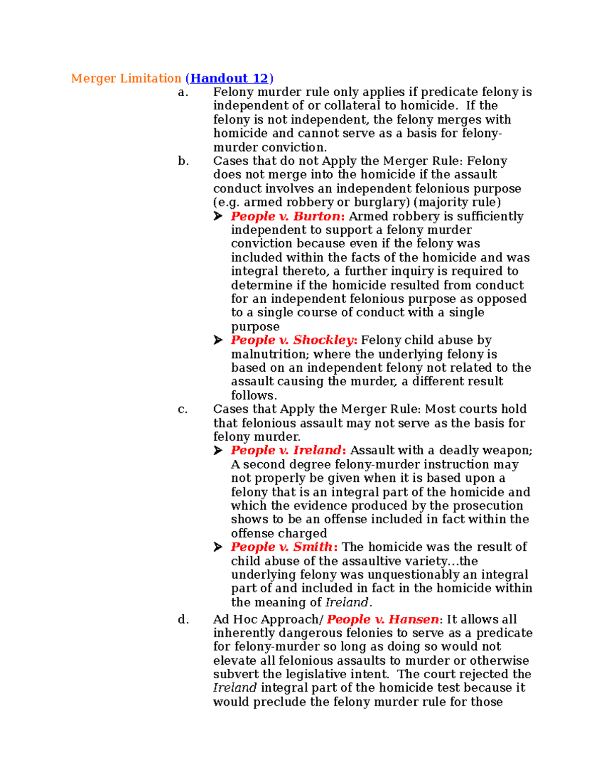 Criminal Law - Prof. Cantrell 1 - Merger Limitation (Handout 12) A ...