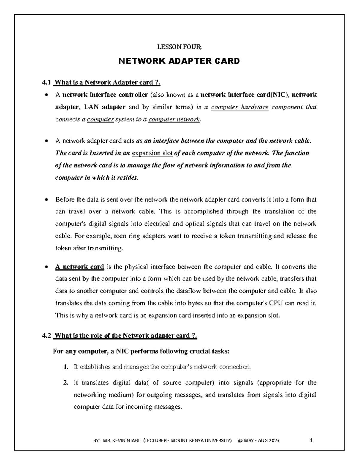 Lesson 4 Network Adaptor CARD and Network Standards LESSON FOUR