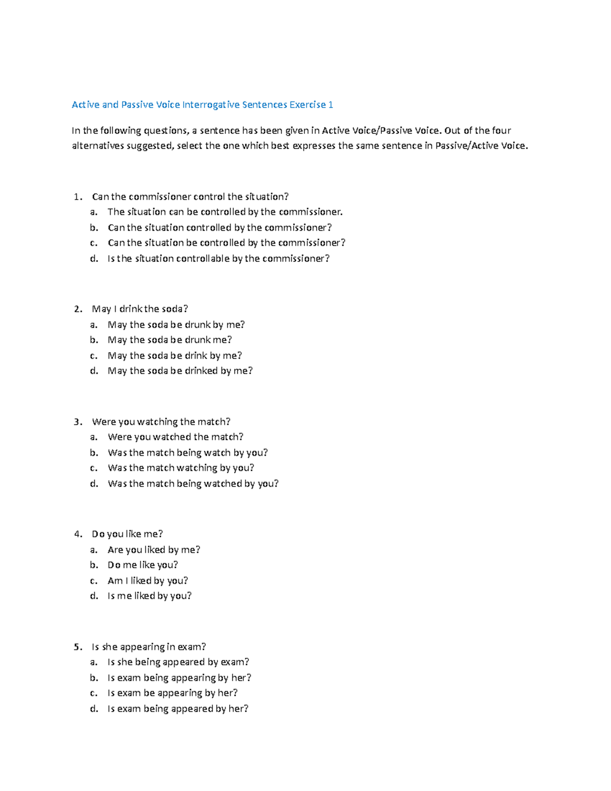 Active And Passive Voice Interrogative Sentences Exercise 1 - Out Of 