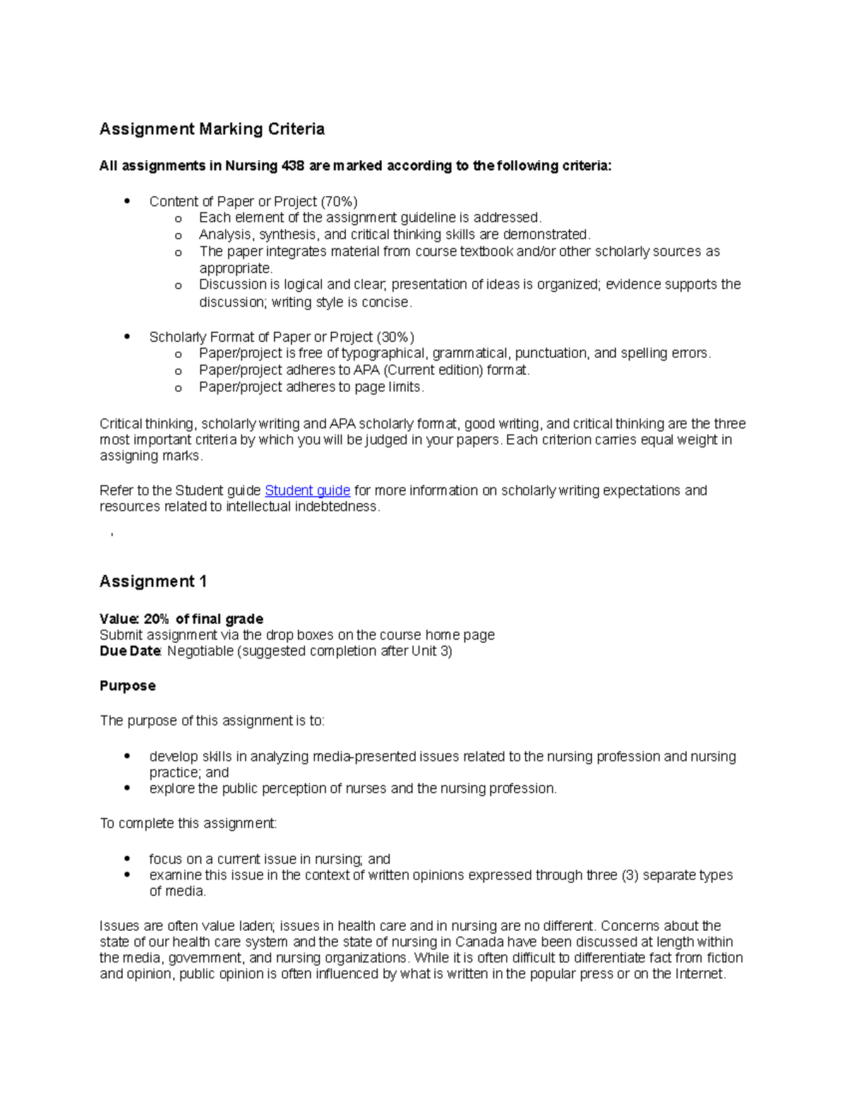 Assignment Marking Criteria for Nursing 438 - Studocu