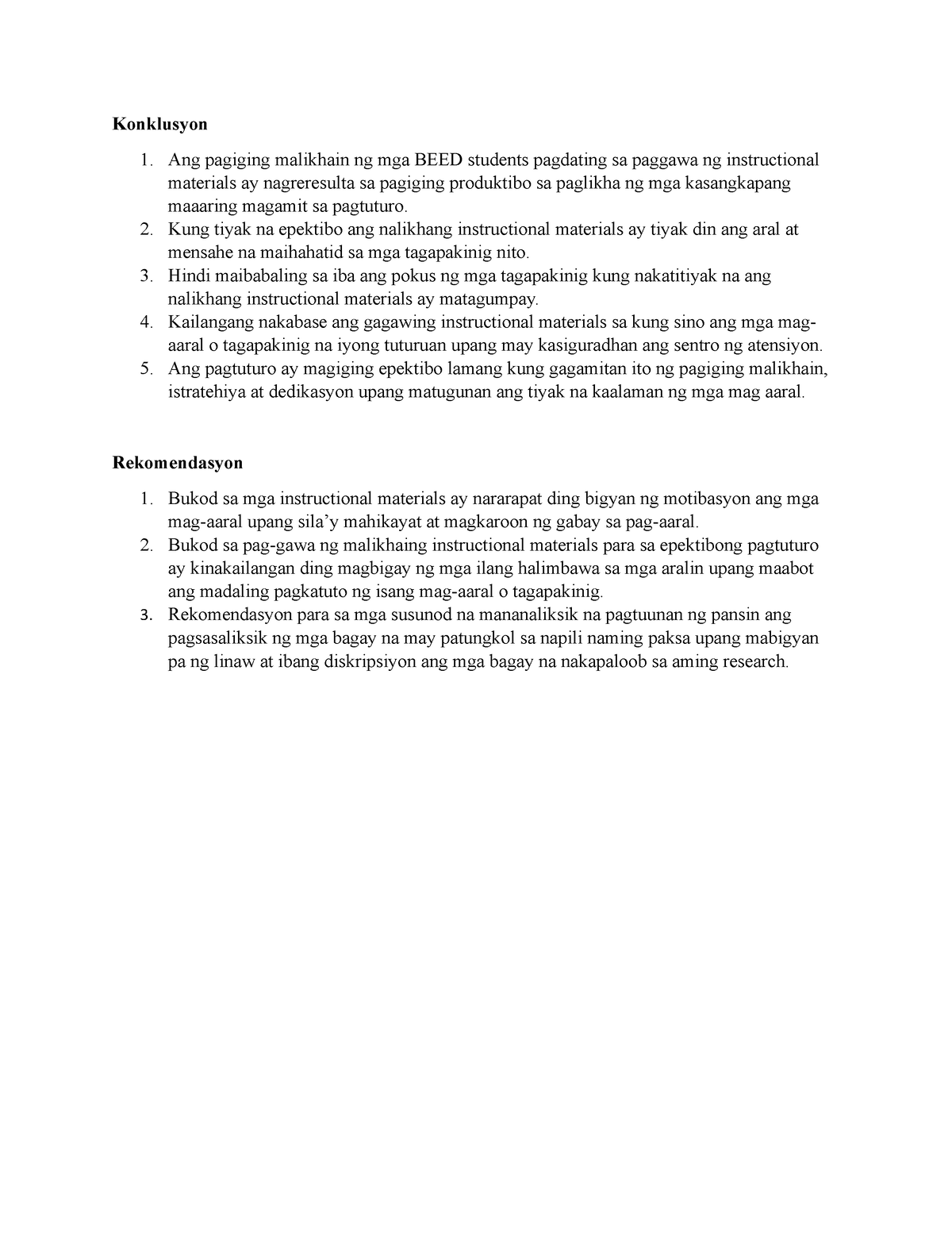 Action Research Konklusyon At Rekomendasyon Konklusyon Ang Pagiging Malikhain Ng Mga Beed 7543