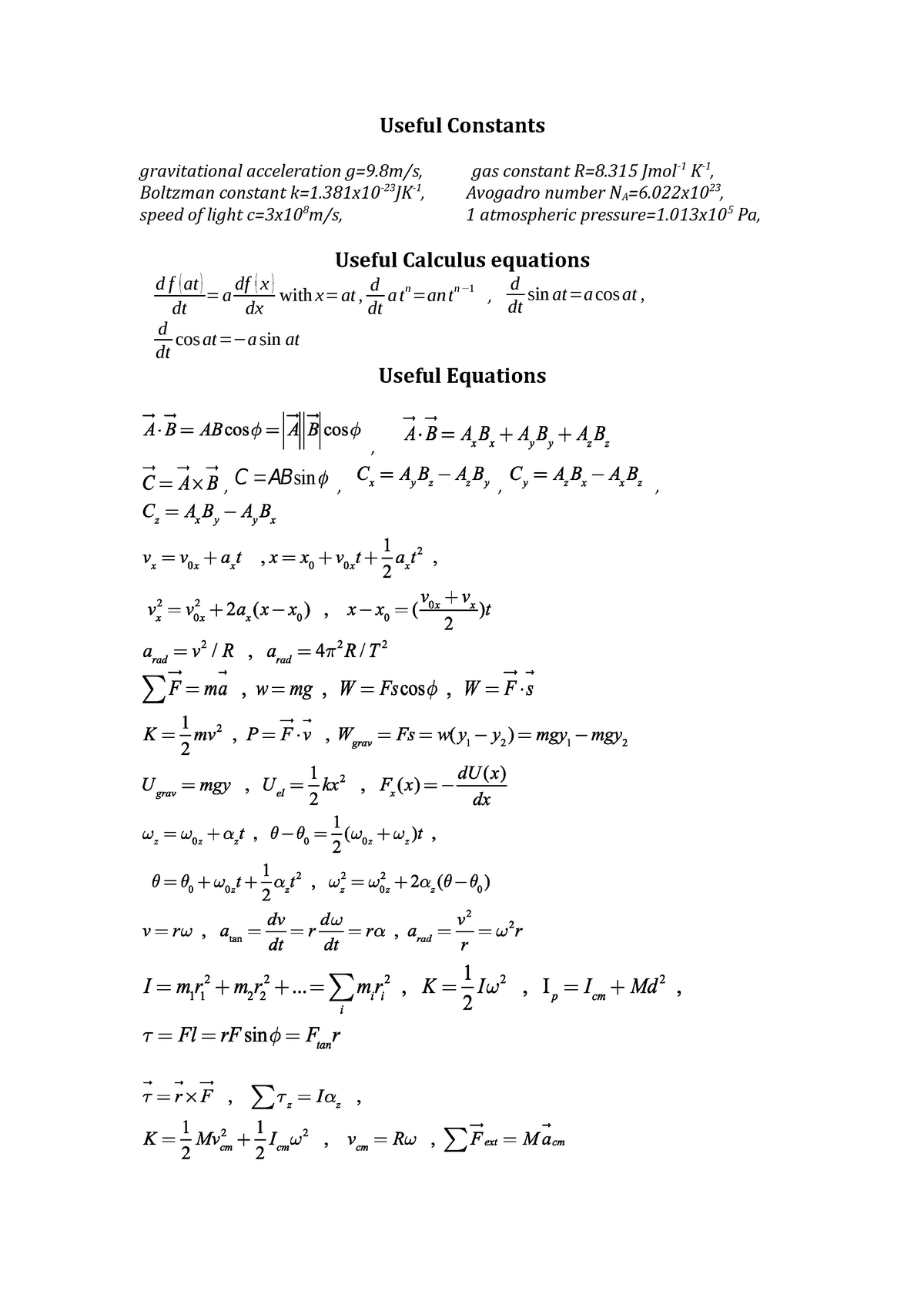 Equations For Ap11 Exam Studocu