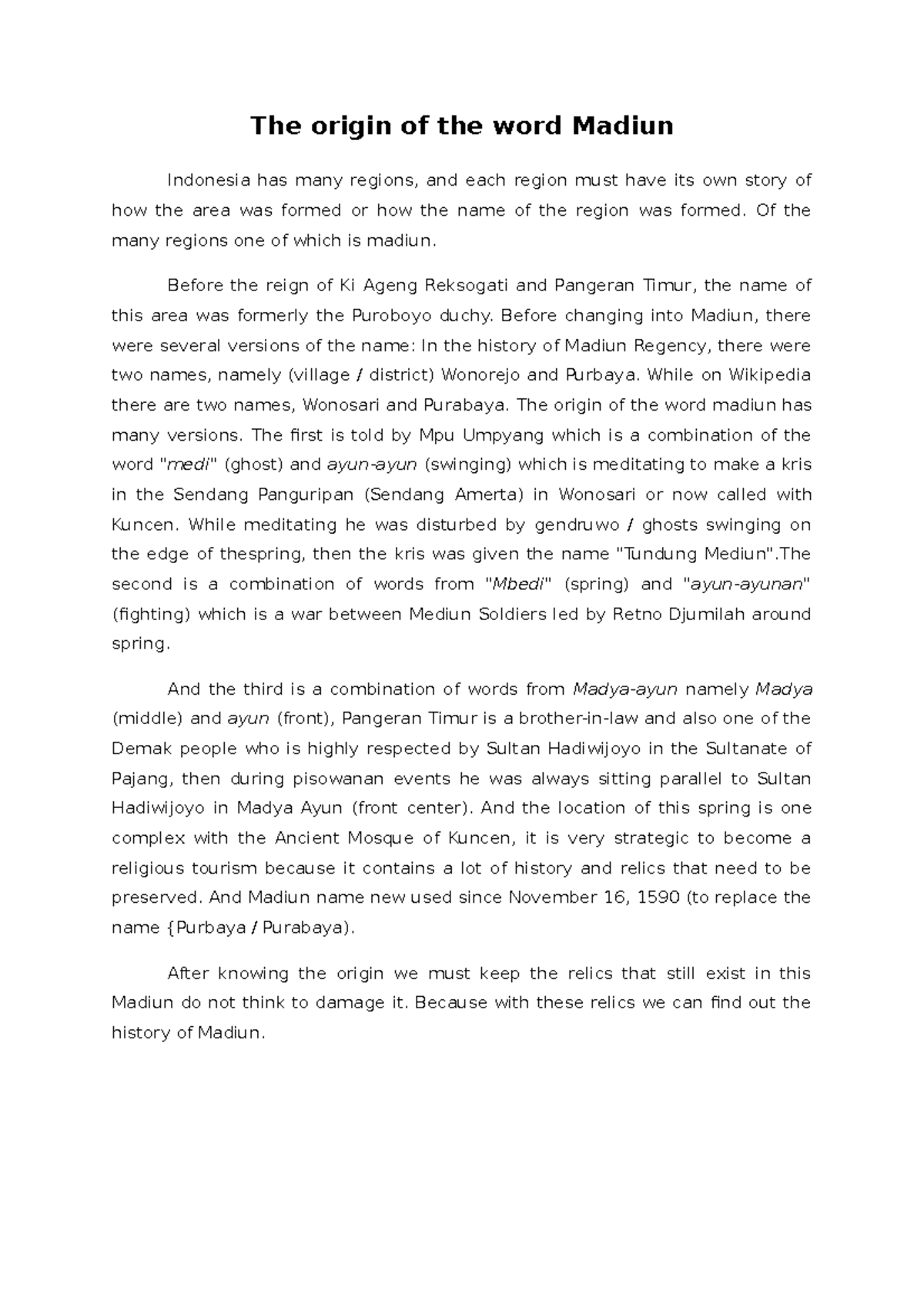 The origin of the word Madiun The origin of the word Madiun Indonesia