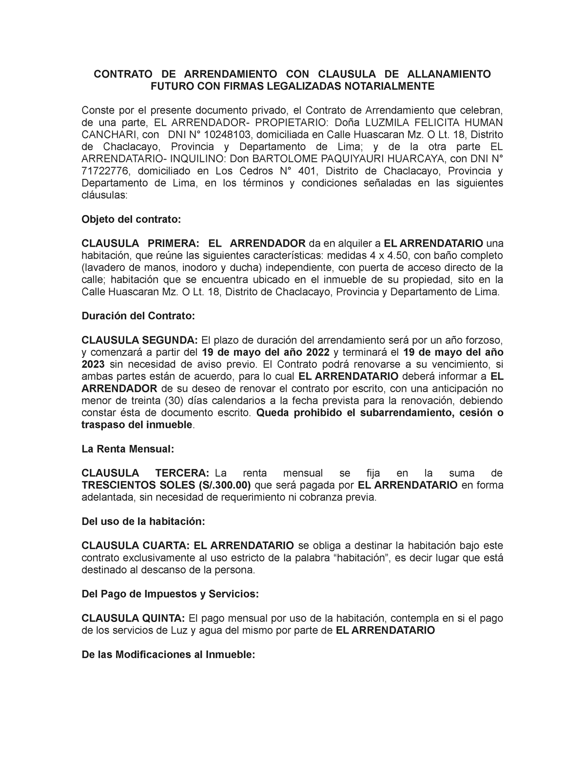 Contrato DE Arrendamiento CON Clausula DE Allanamiento - CONTRATO DE ...
