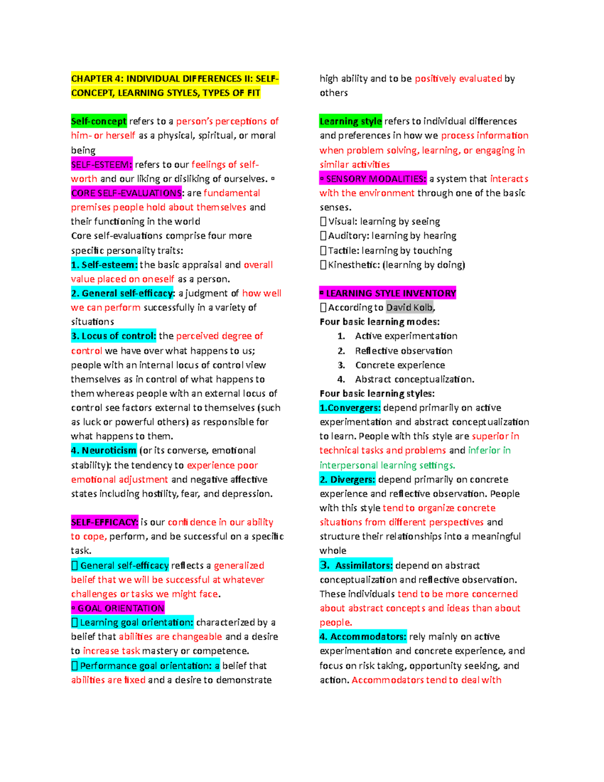 Chapter 4 Individual Differences II SELF- Concept, Learning Styles ...