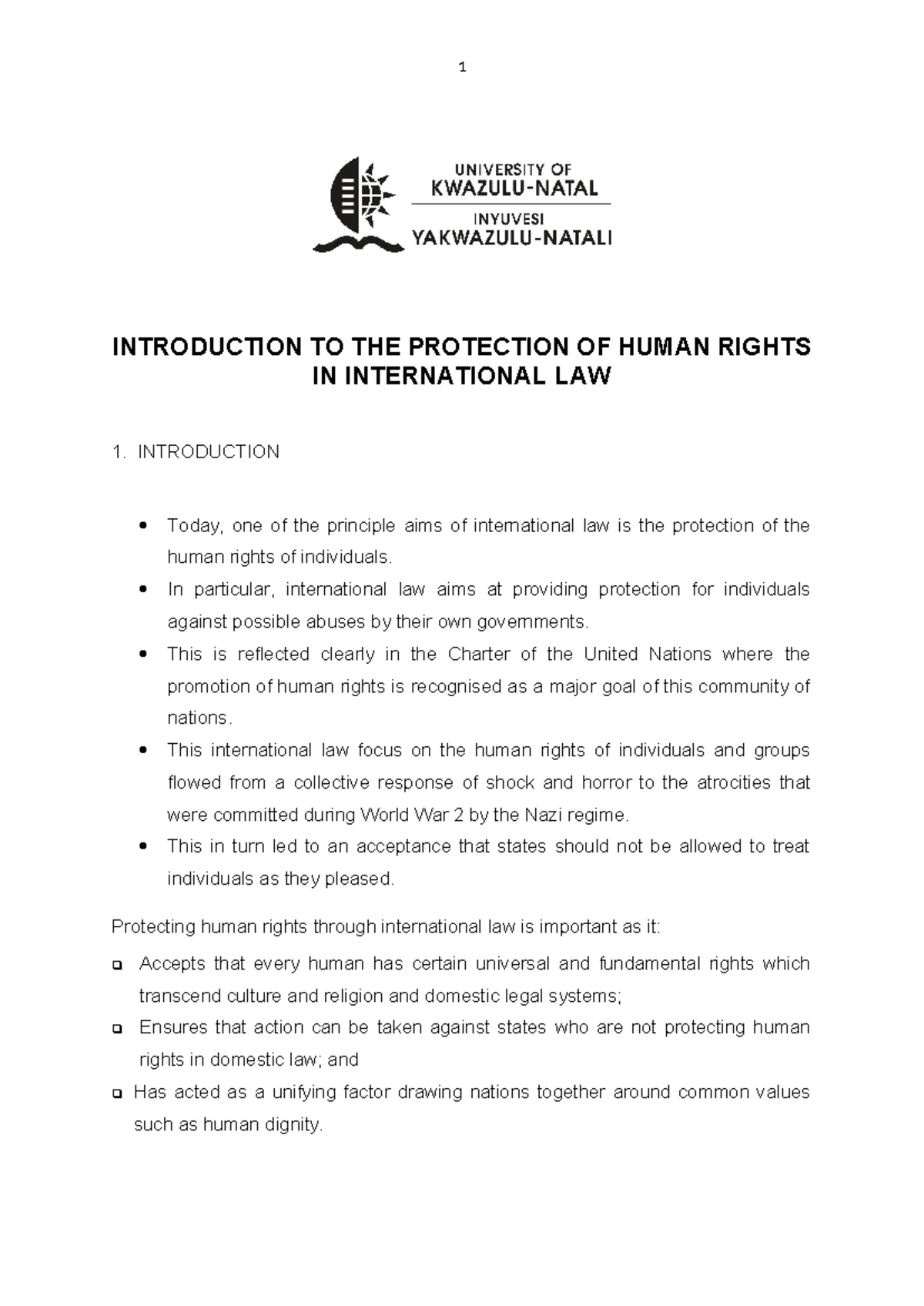 Human Rights in international law (27) - INTRODUCTION TO THE PROTECTION ...
