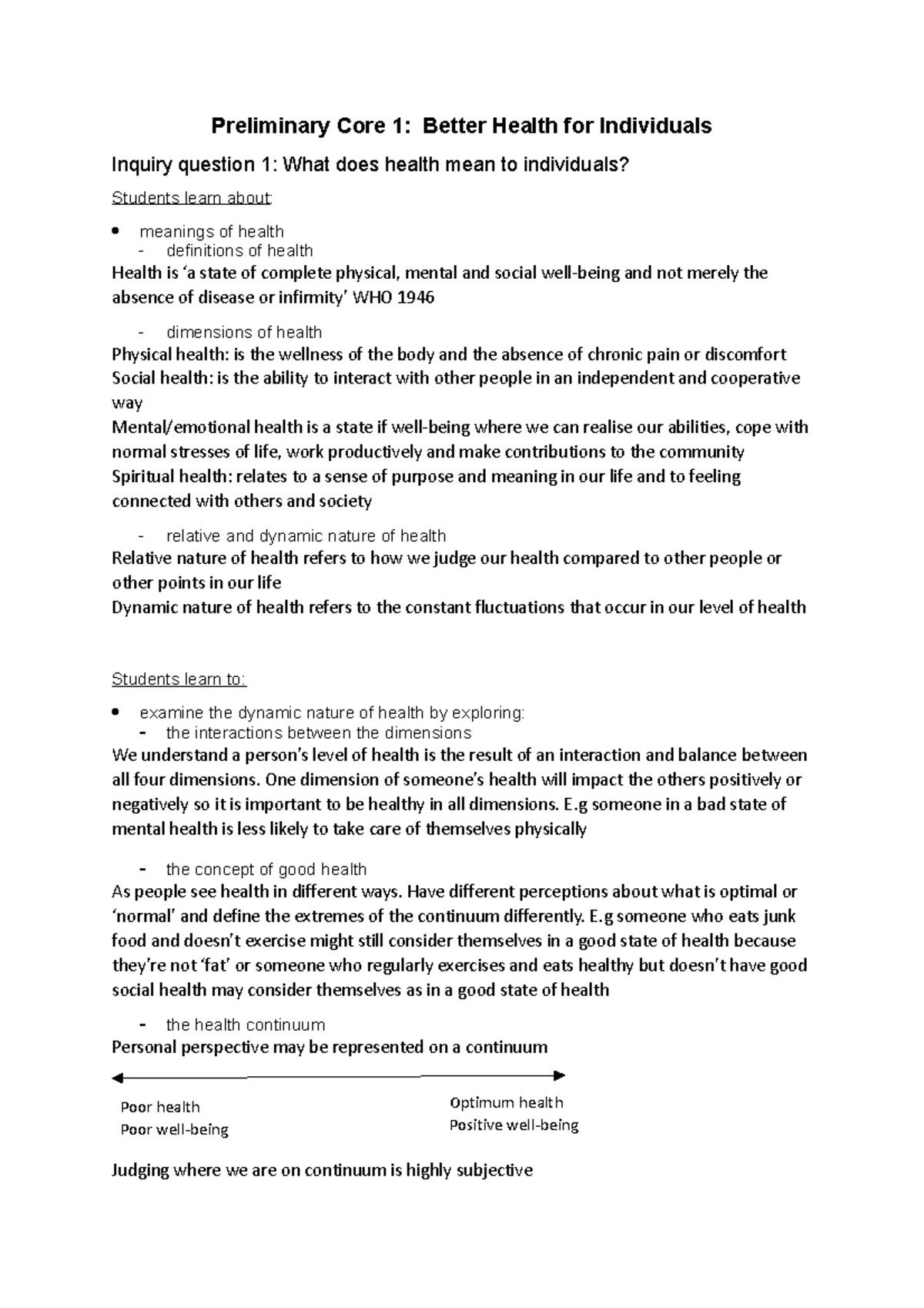 Preliminary Core 1 Study Notes - Preliminary Core 1: Better Health for ...