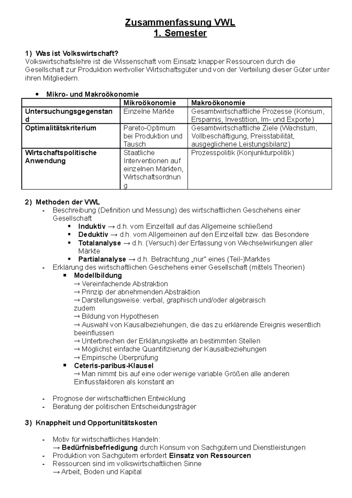 Zusammenfassung VWL - Semester 1) Was Ist Volkswirtschaft ...