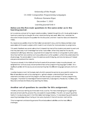 CS 4402 Comparative Programming Language Final Exam Review - The ...