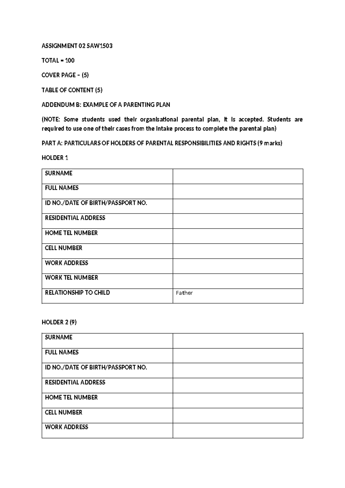 Parental PLAN - Plan for family parenting - ASSIGNMENT 02 SAW TOTAL ...