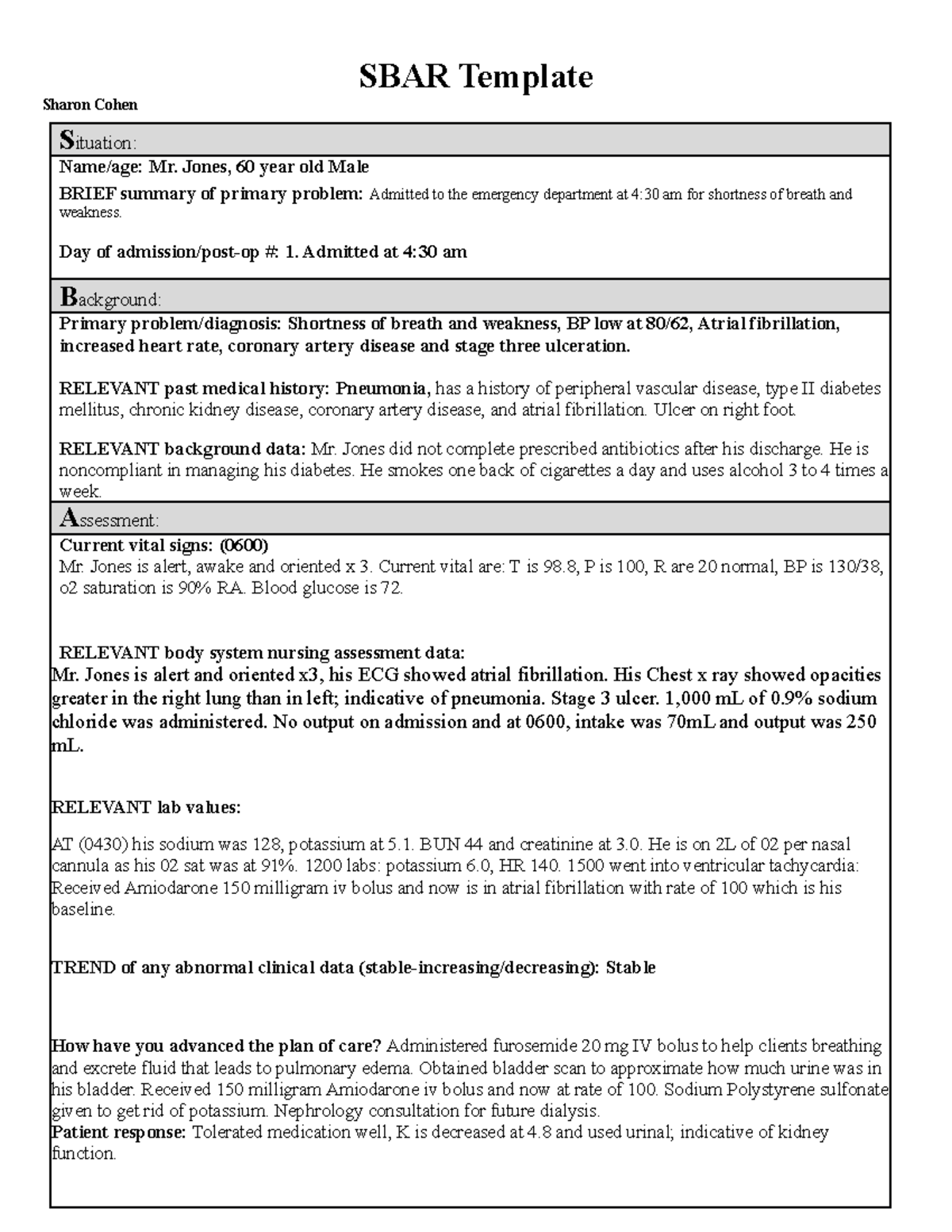 Sbar Jones Sbar Sbar Template Sharon Cohen S Ituation Name Age Mr Jones 60 Year Old Male Studocu