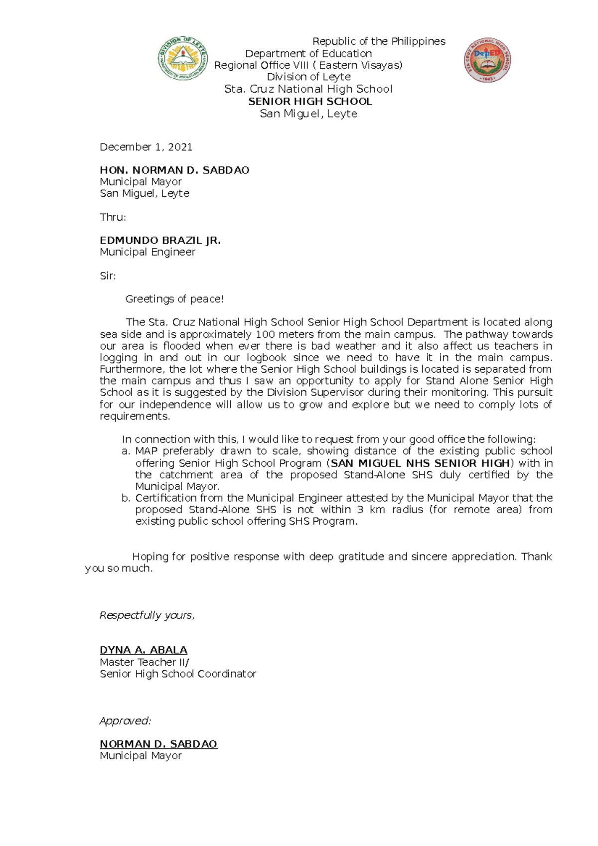 Letter Request - Republic of the Philippines Department of Education ...