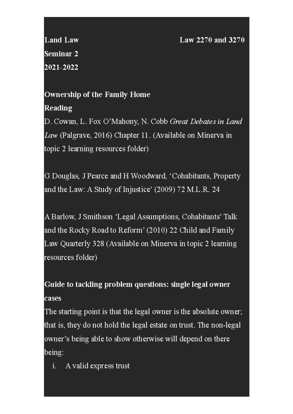Land Law - Seminar 2 Ownership of the Family Home - LAW5730M - Leeds ...