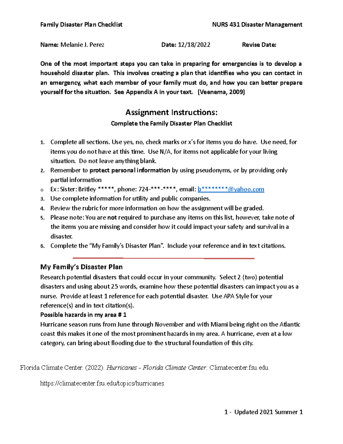 week 5 assignment family disaster plan checklist