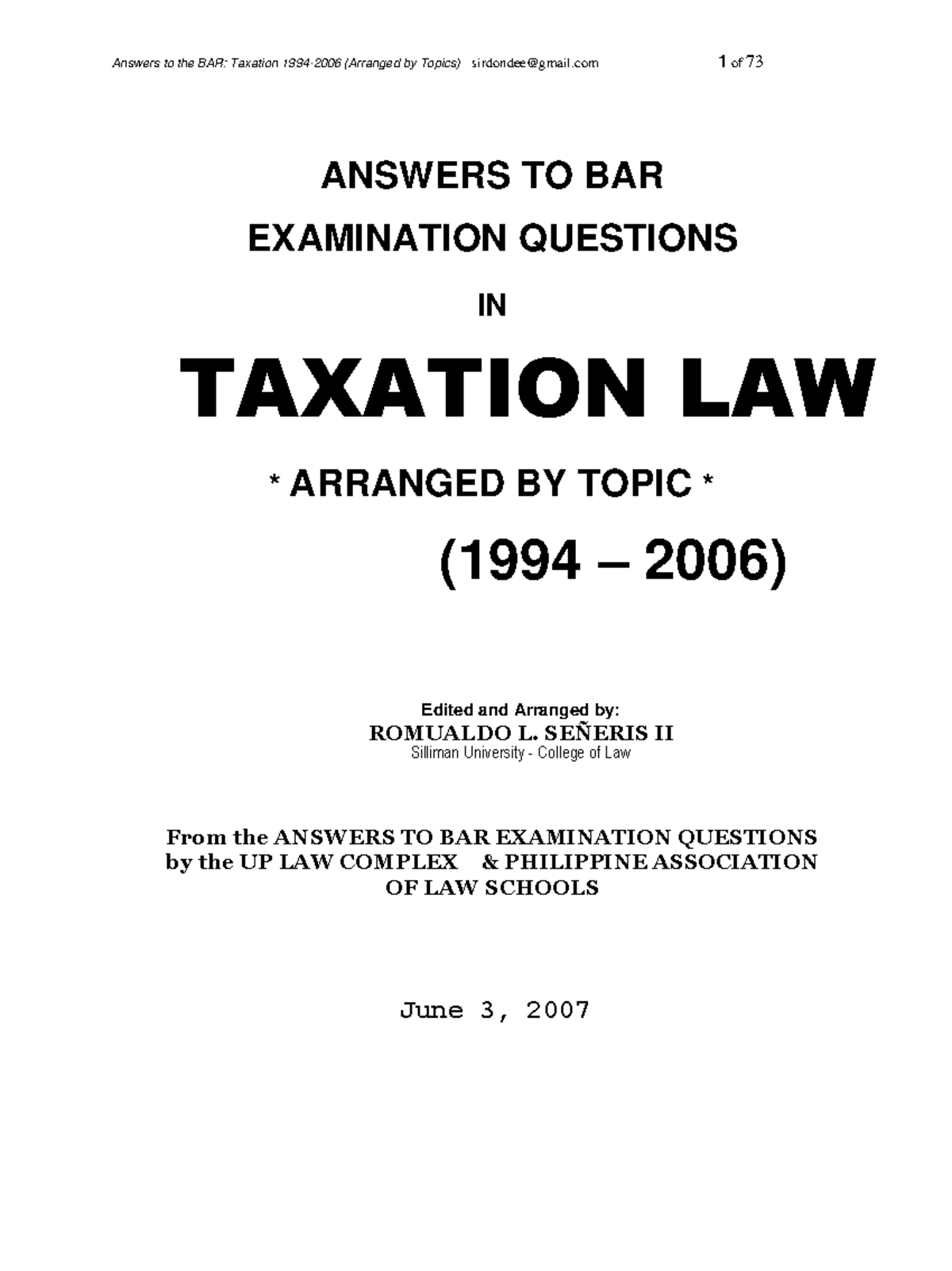 Answers TO BAR Examination Questions IN - 1 of 73 Answers to the BAR ...