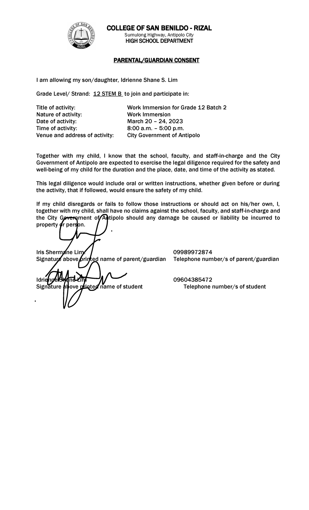 12-STEM-B Parent Consent copy - PARENTAL/GUARDIAN CONSENT I am allowing ...