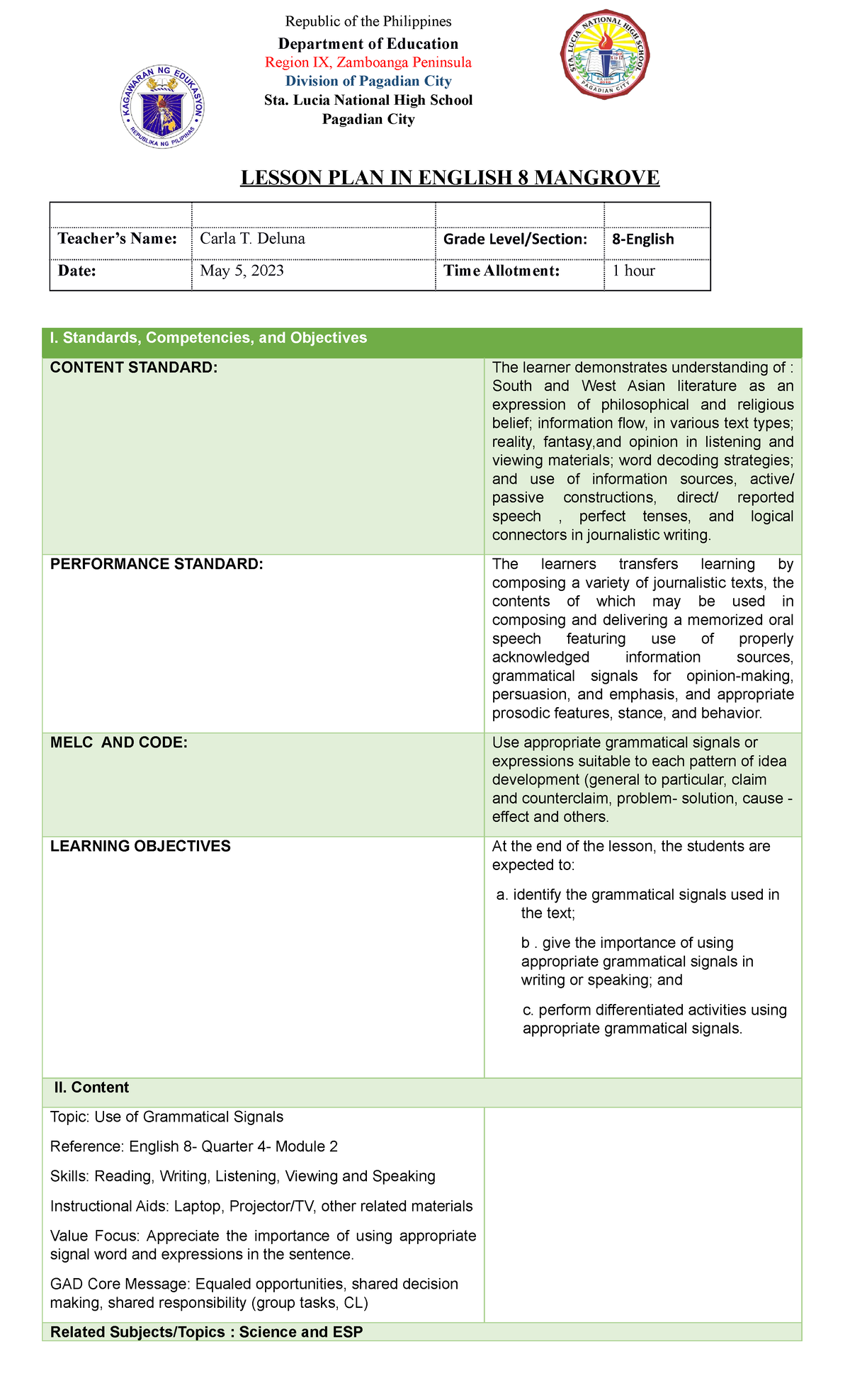 Lesson-Plan - English 8 - LESSON PLAN IN ENGLISH 8 MANGROVE Teacher’s ...