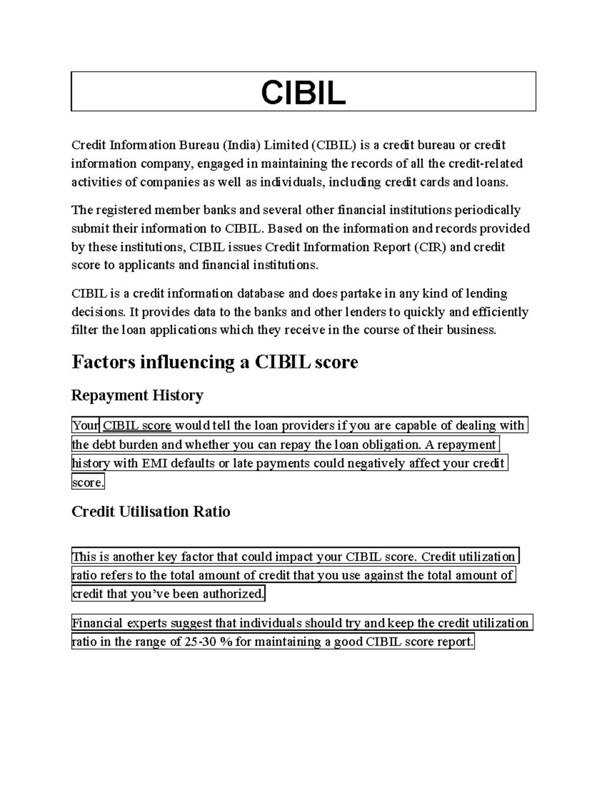 Credit Risk CIBIL Credit Information Bureau India Limited CIBIL