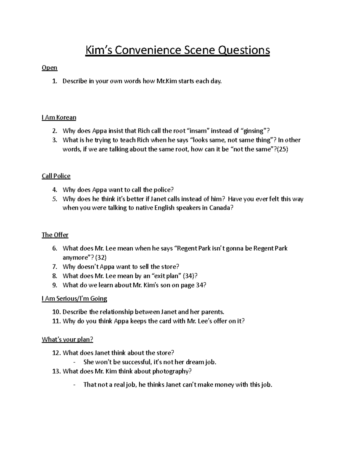 Bản sao của Scene Questions Student - Kim’s Convenience Scene Questions ...