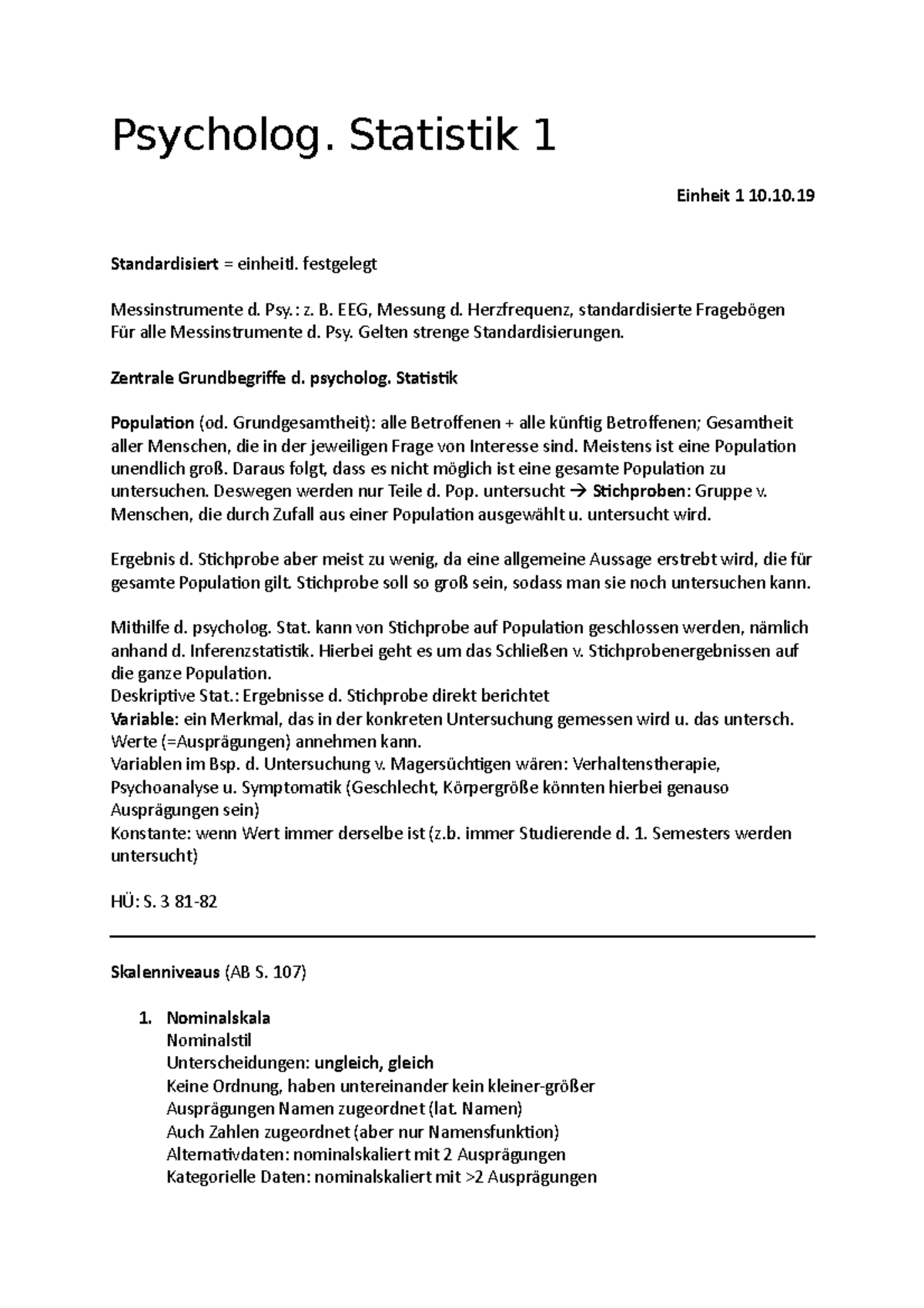 Psychologische Stat. 1 - Psycholog. Statistik 1 Einheit 1 10