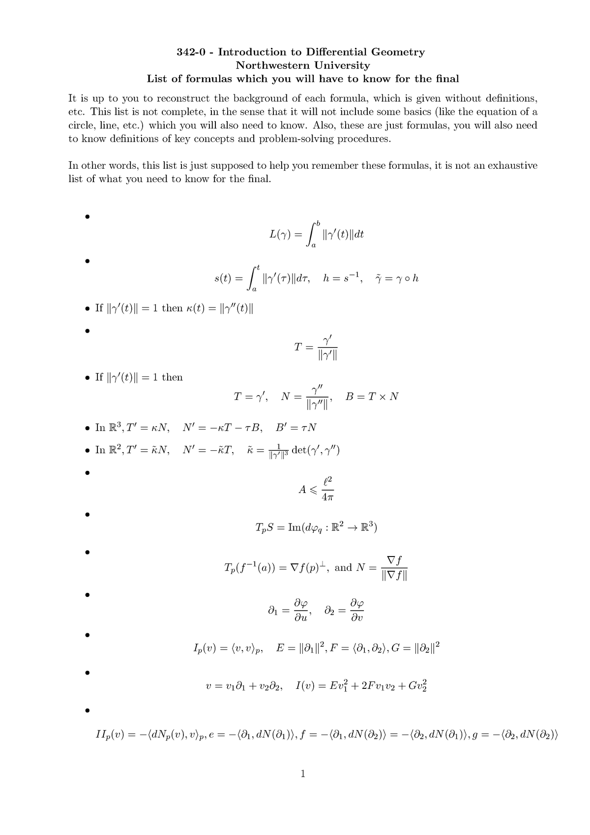 342-0 - Introduction to Differential Geometry List of Formulas - 342-0 ...