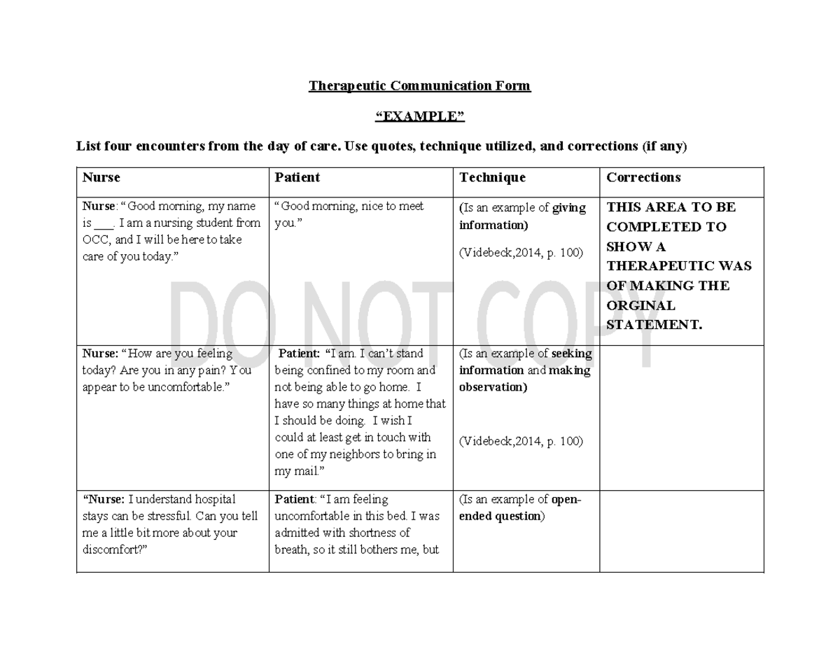 Therapeutic Communication Form - Sample-1 - Therapeutic Communication ...