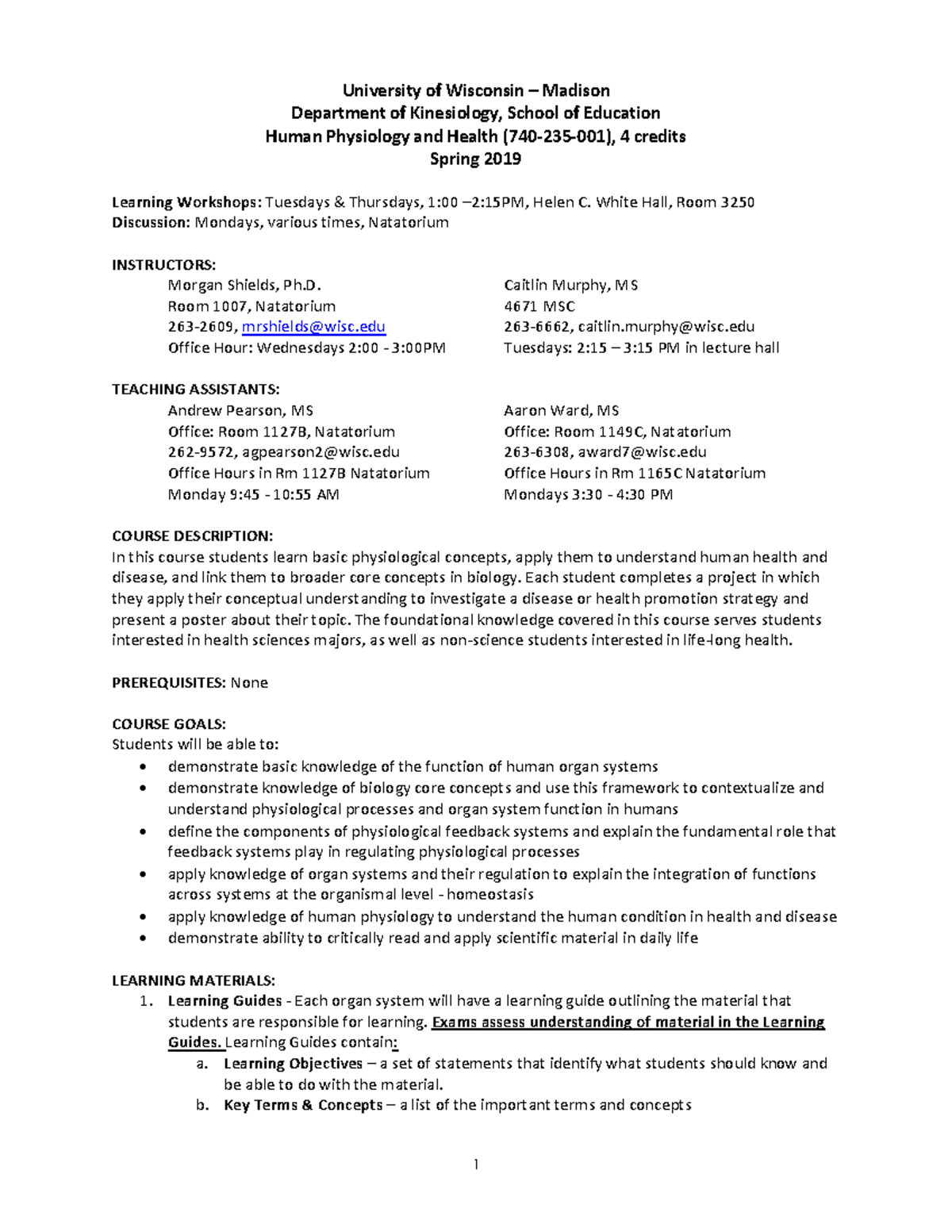 S19 Syllabus 235 University Of Wisconsin Madison Department Of