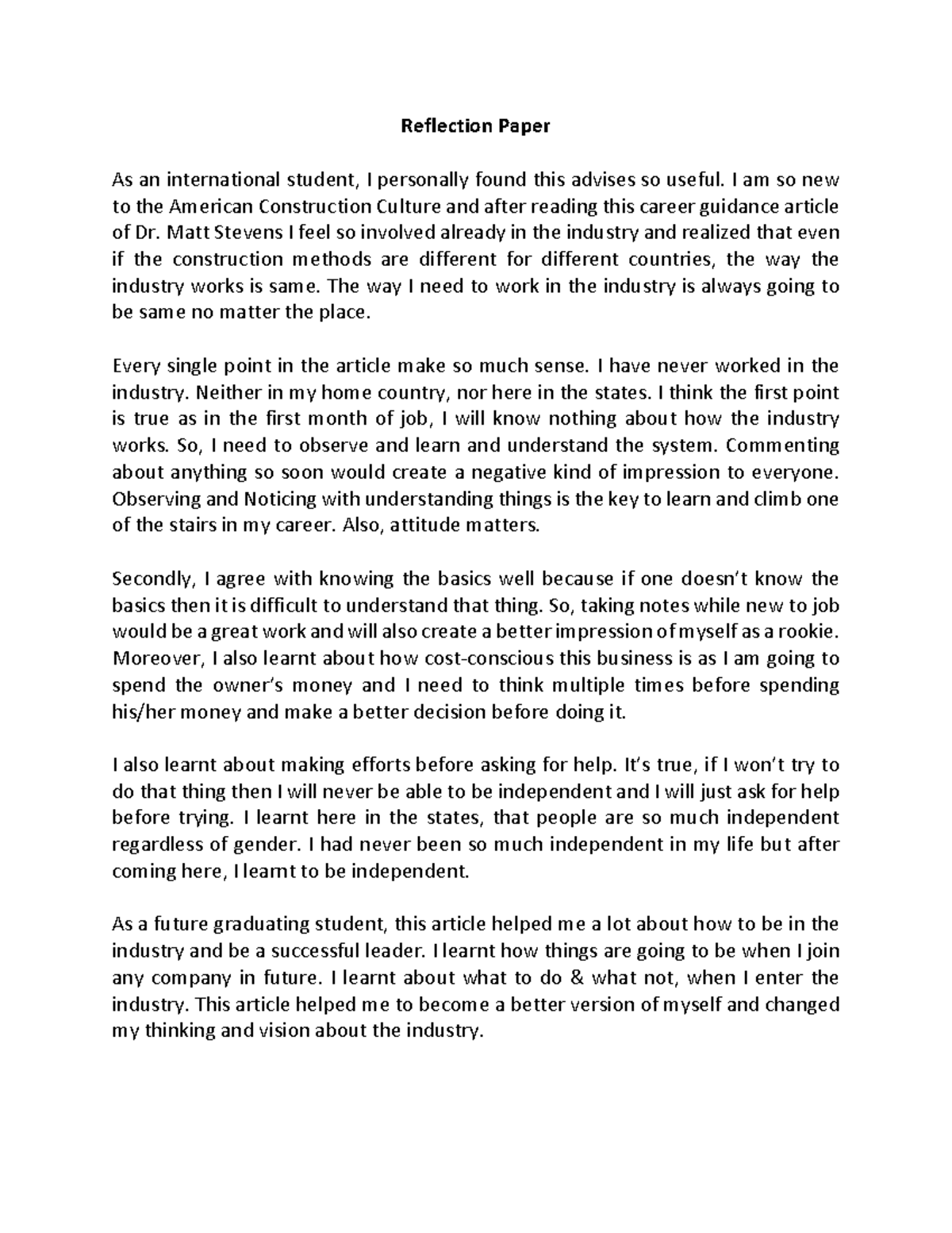 Reflection Paper - I am so new to the American Construction Culture and ...