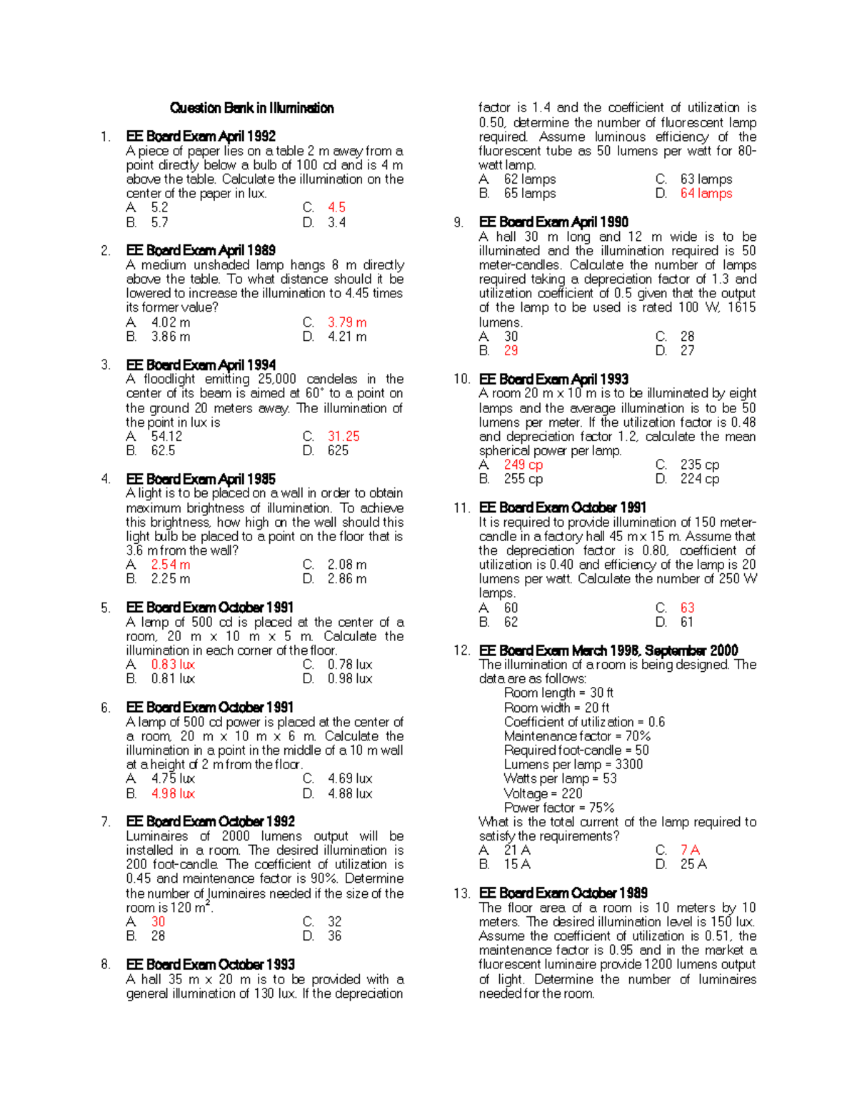 Electrical Illumination - Question bank (RME REVIEWER) - Electrical ...