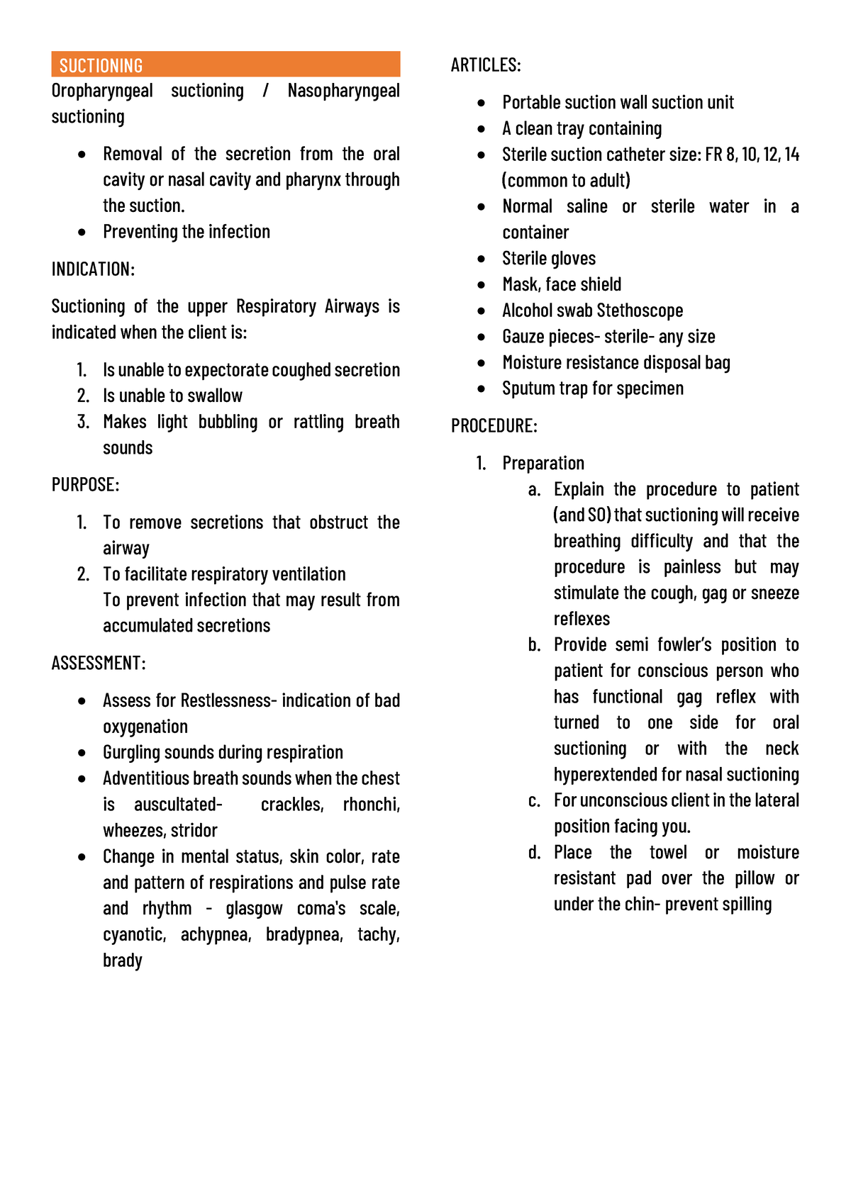 Oropharyngeal suctioning / Nasopharyngeal suctioning - SUCTIONING ...