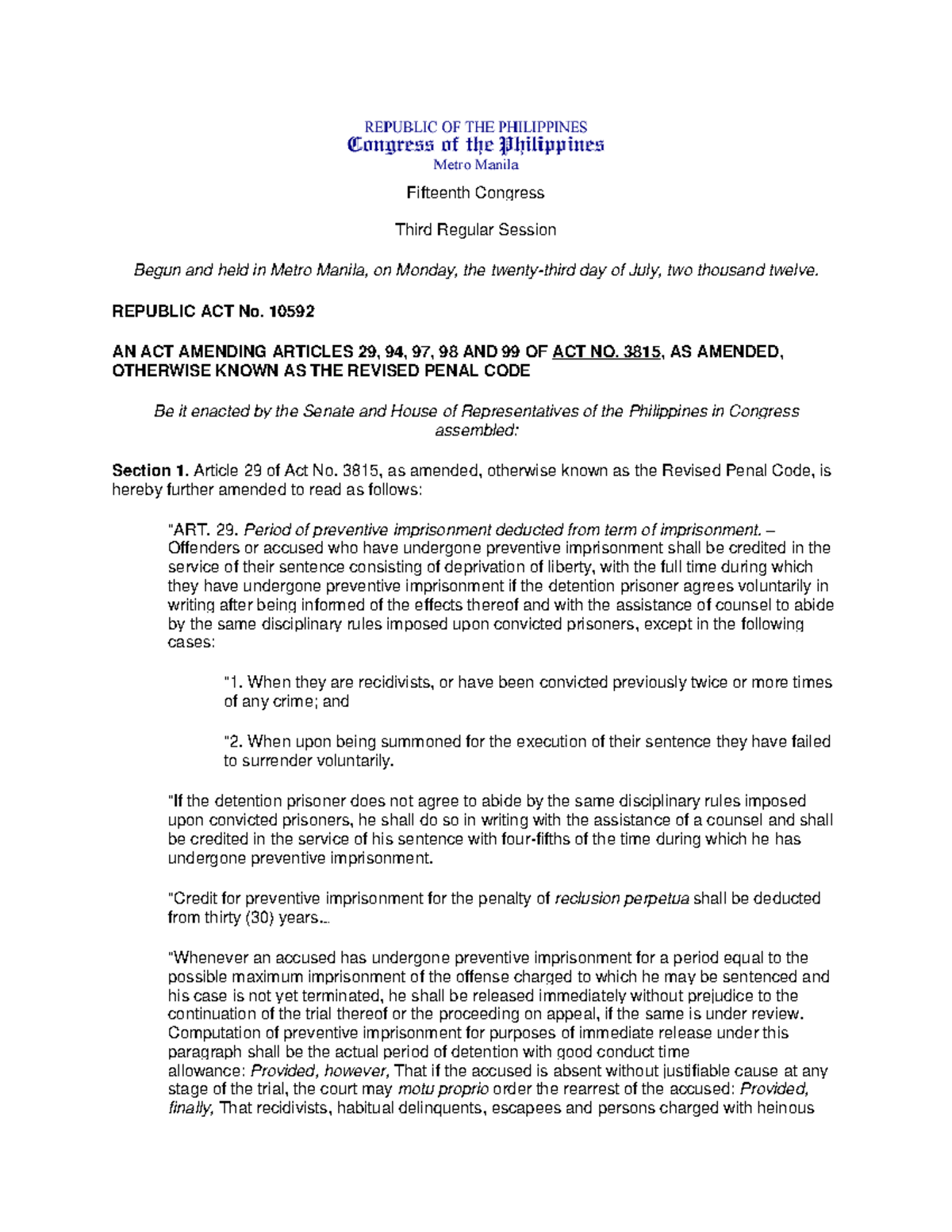 GCTALaw Good Conduct Time Allowance Fifteenth Congress Third