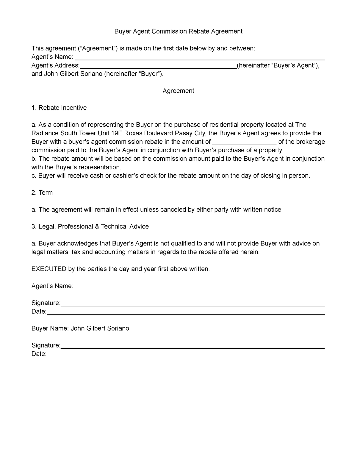 Buyer Agent Commission Rebate Agreement for Signature 2 Buyer Agent 