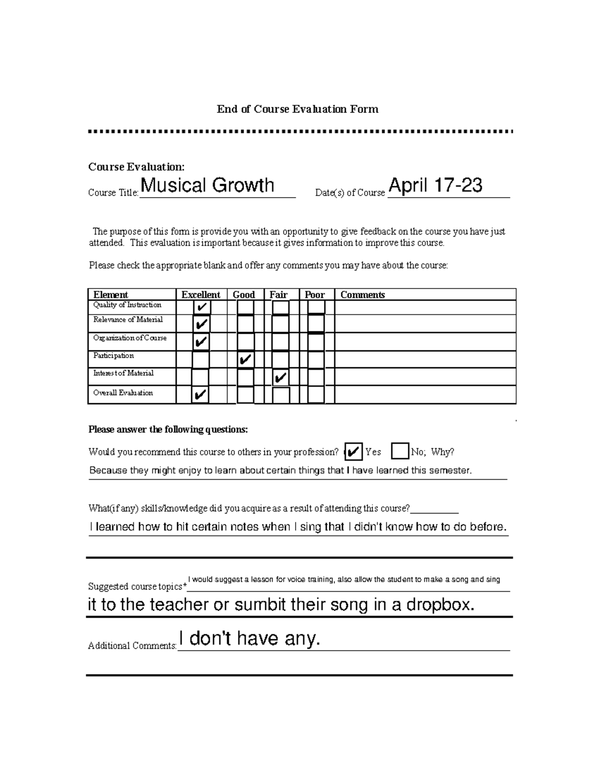 Course Evaluation Form - End of Course Evaluation Form Course ...