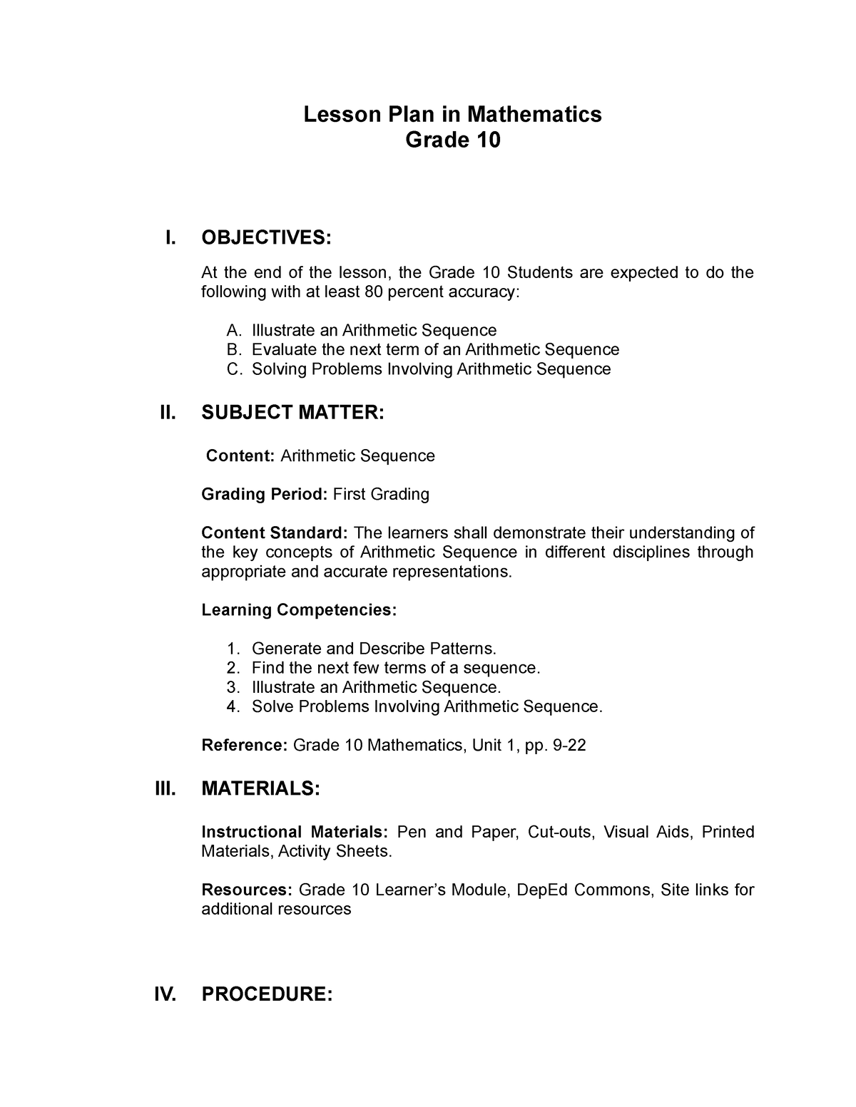 Lesson PLAN - for educational resources in mathematics - Lesson Plan in ...